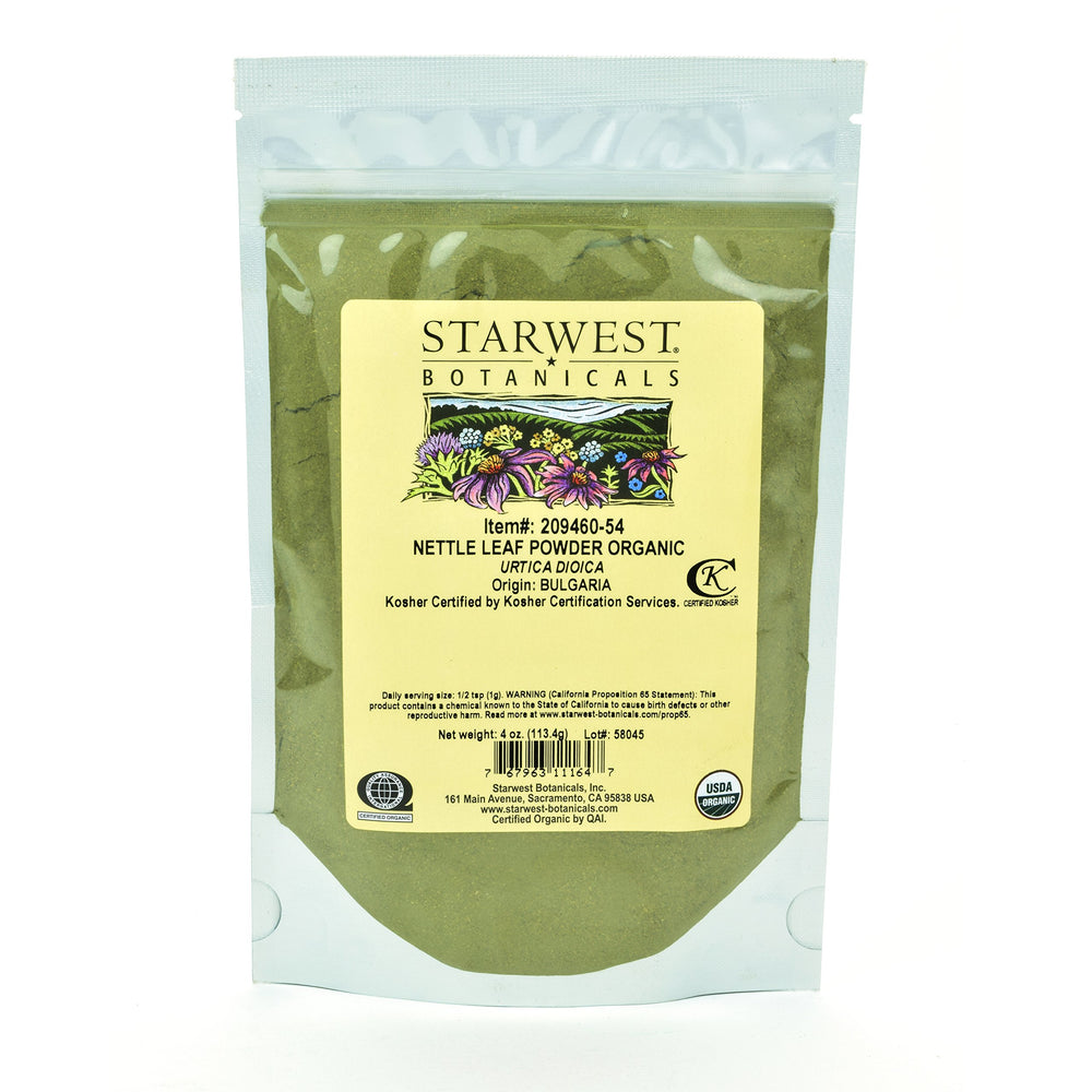 Starwest Botanicals organic nettle leaf powder in a resealable bag for smoothies.
