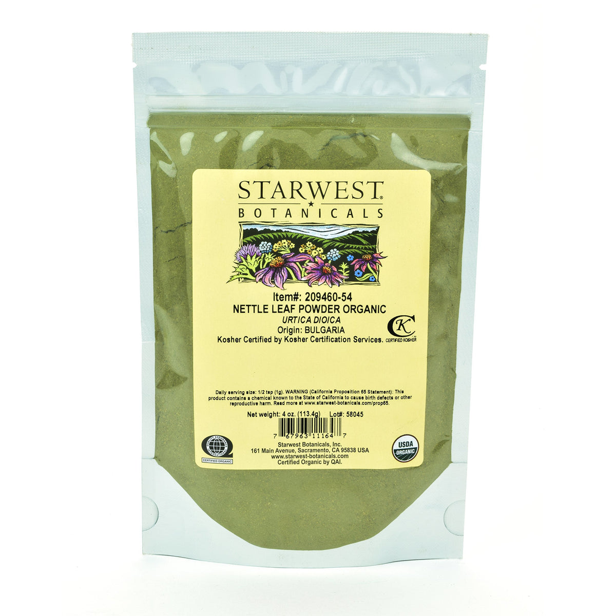 Starwest Botanicals organic nettle leaf powder in a resealable bag for smoothies.
