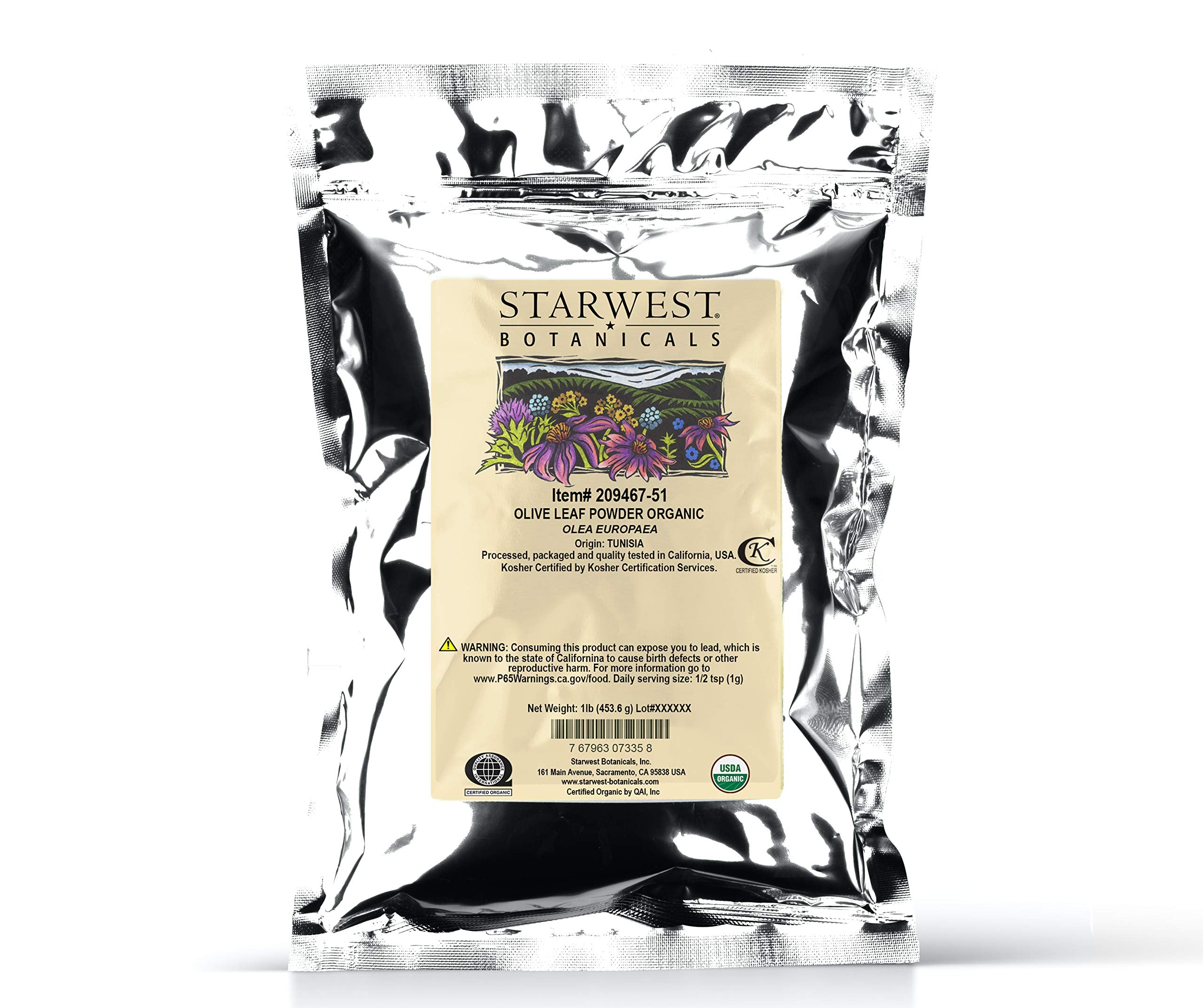 Starwest Botanicals organic olive leaf powder in a resealable 1 lb bag