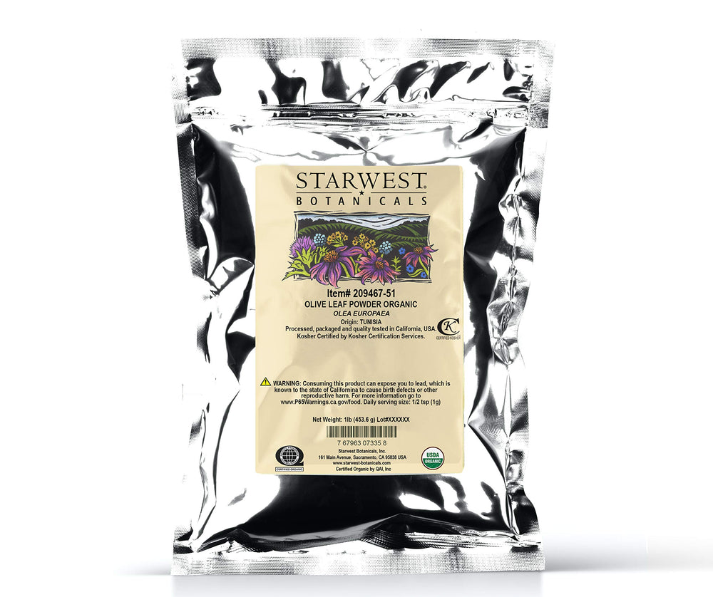 Starwest Botanicals organic olive leaf powder in a resealable 1 lb bag