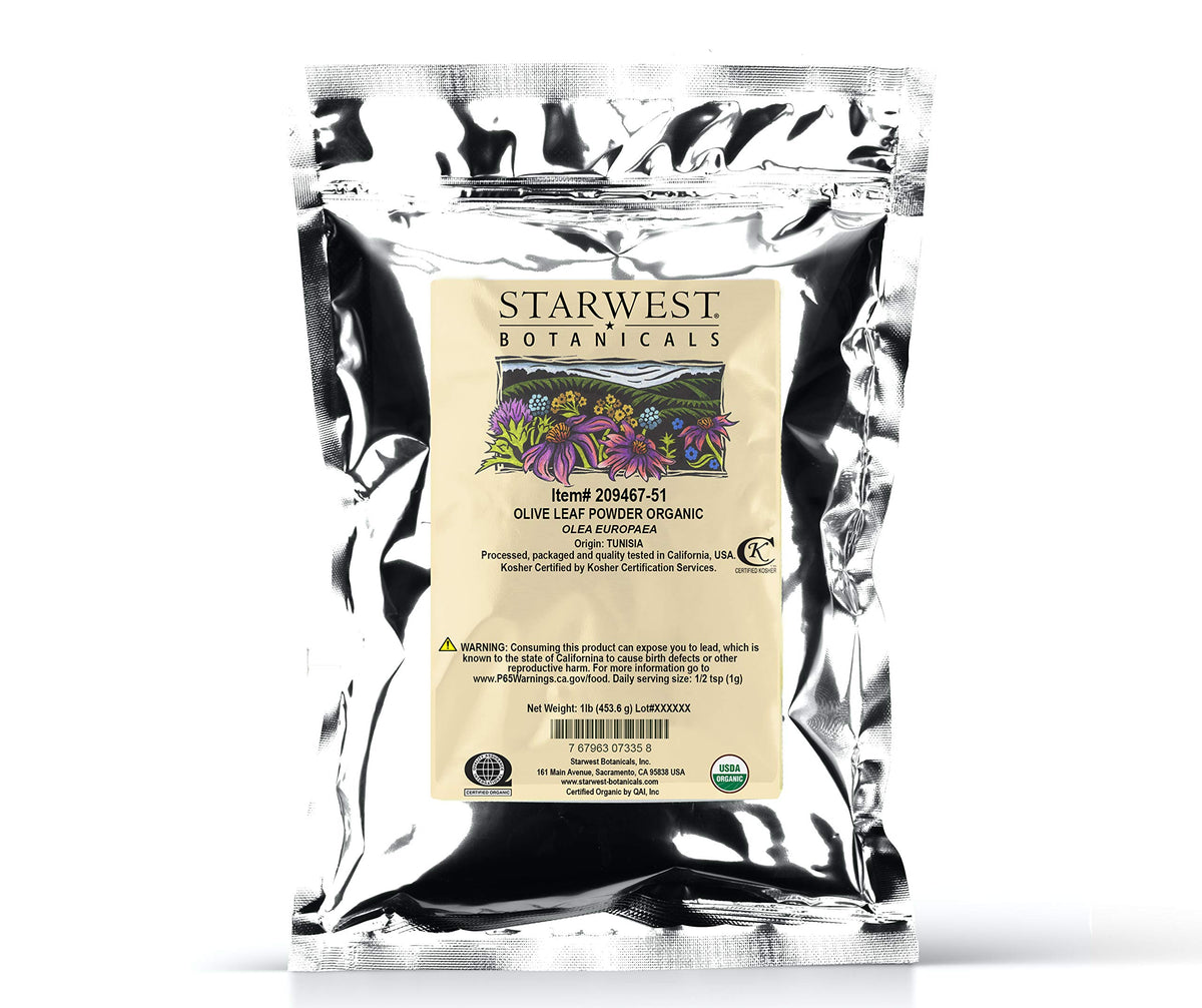 Starwest Botanicals organic olive leaf powder in a resealable 1 lb bag