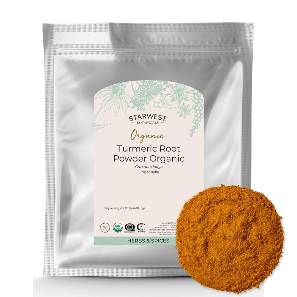 Starwest Botanicals organic turmeric powder bottle shows vibrant golden hue for curries.