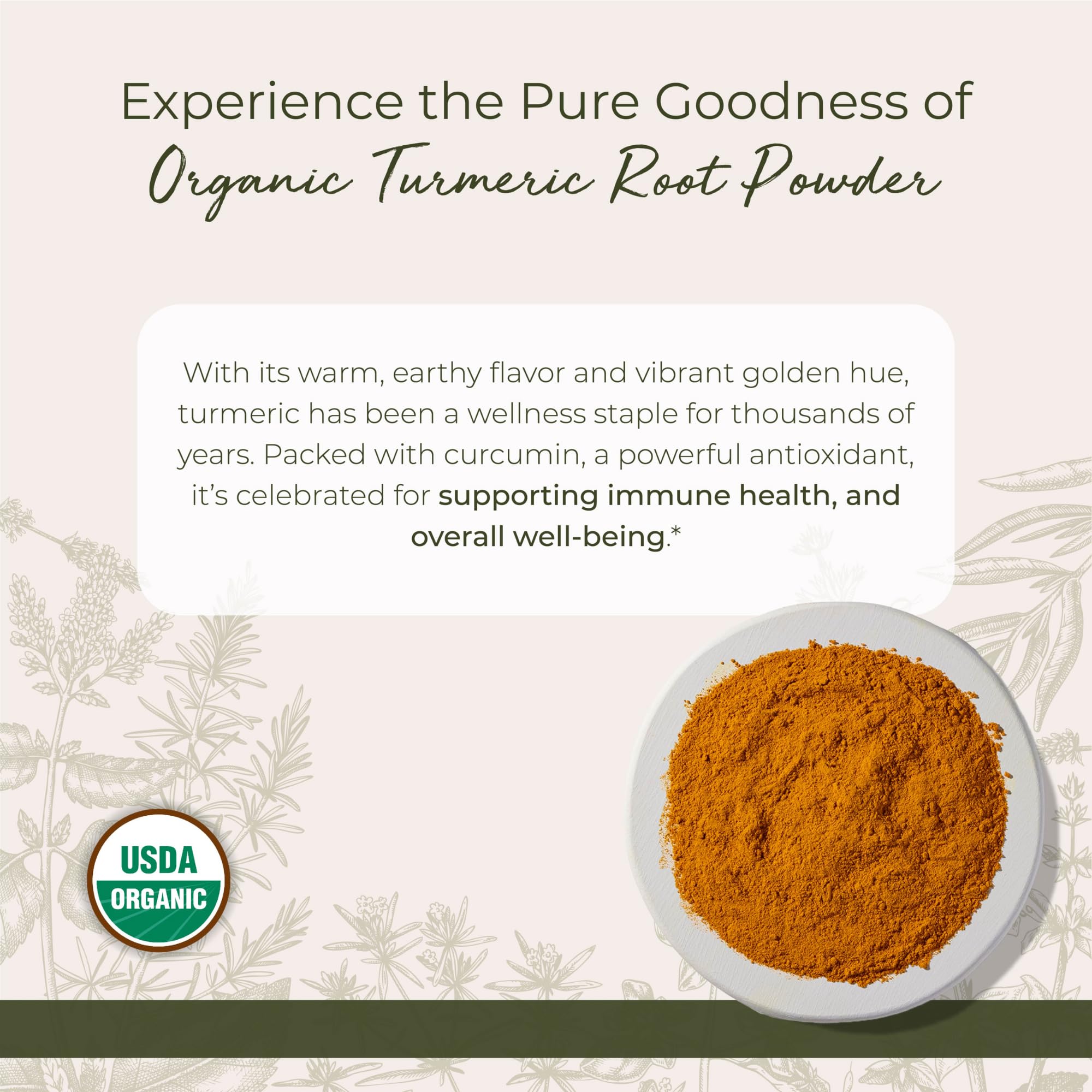 Starwest Botanicals turmeric powder jar label highlights organic, non-GMO quality.