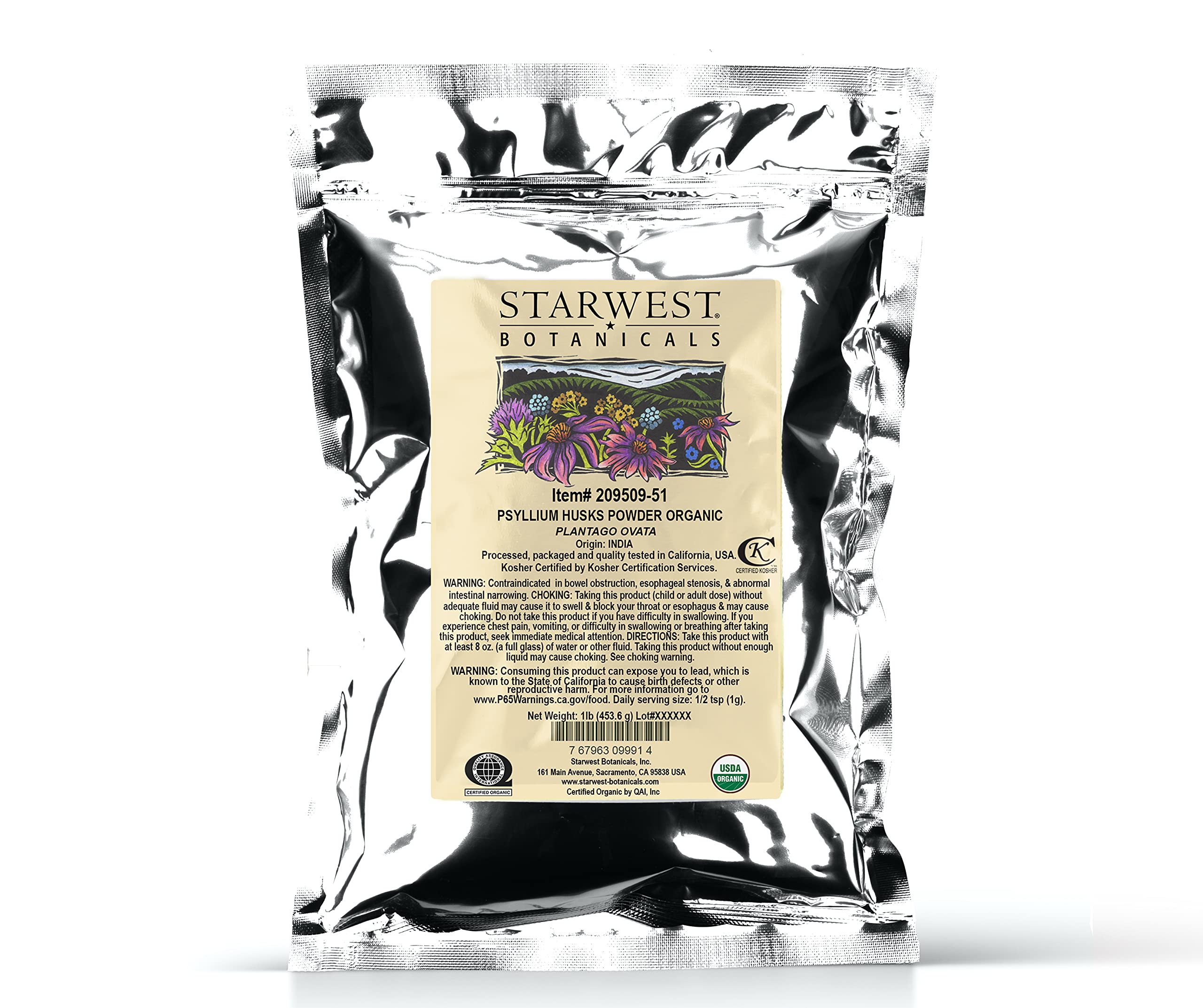 Starwest Botanicals Psyllium Husk Powder in a resealable bag for easy daily fiber addition