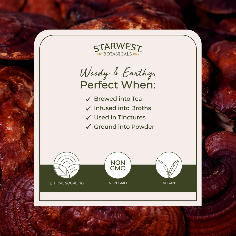 Starwest Red Reishi Mushrooms dried for stir-fries, adding savory depth.