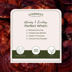 Starwest Red Reishi Mushrooms dried for stir-fries, adding savory depth.
