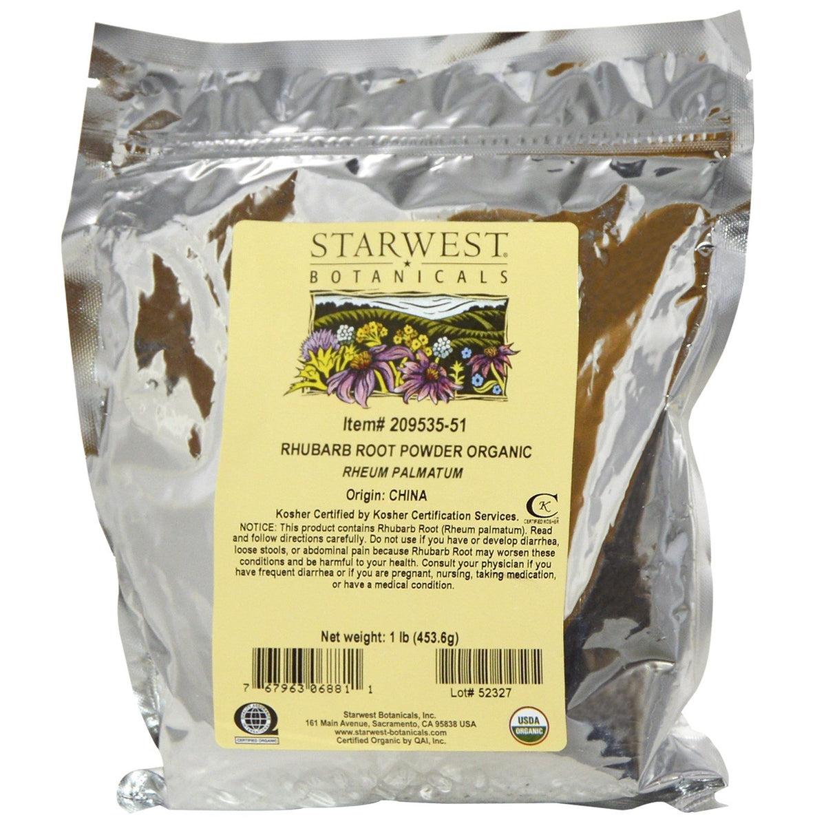 Starwest Botanicals Organic Rhubarb Root Powder 1lb jar for culinary blends.