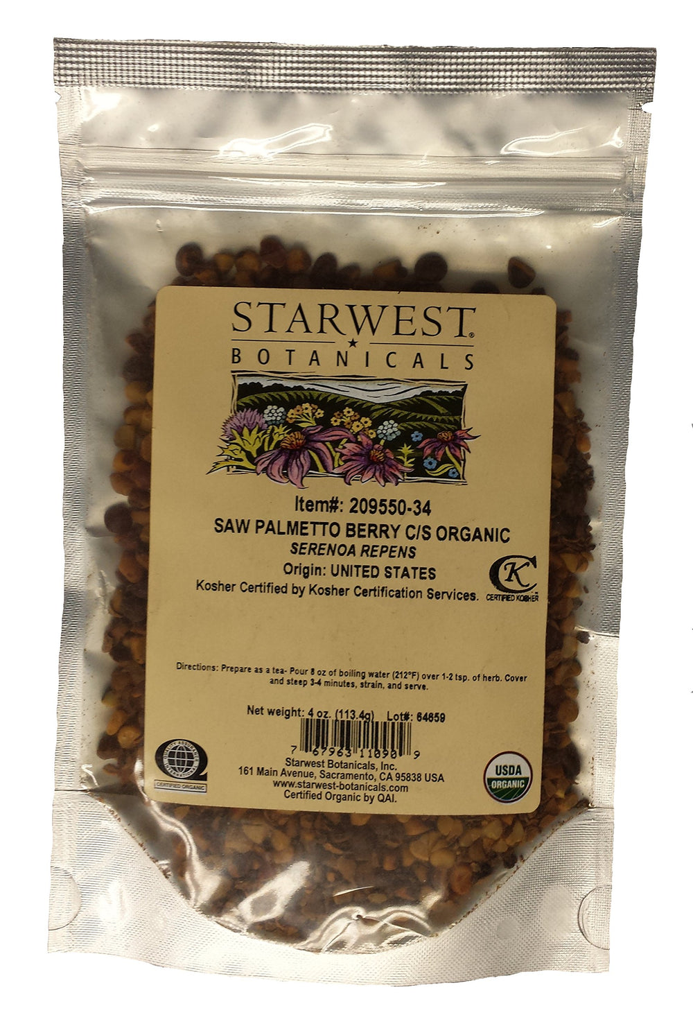 Starwest Botanicals Saw Palmetto Berry Cut and Sifted bottle, ideal for herbal blends and daily supplementation