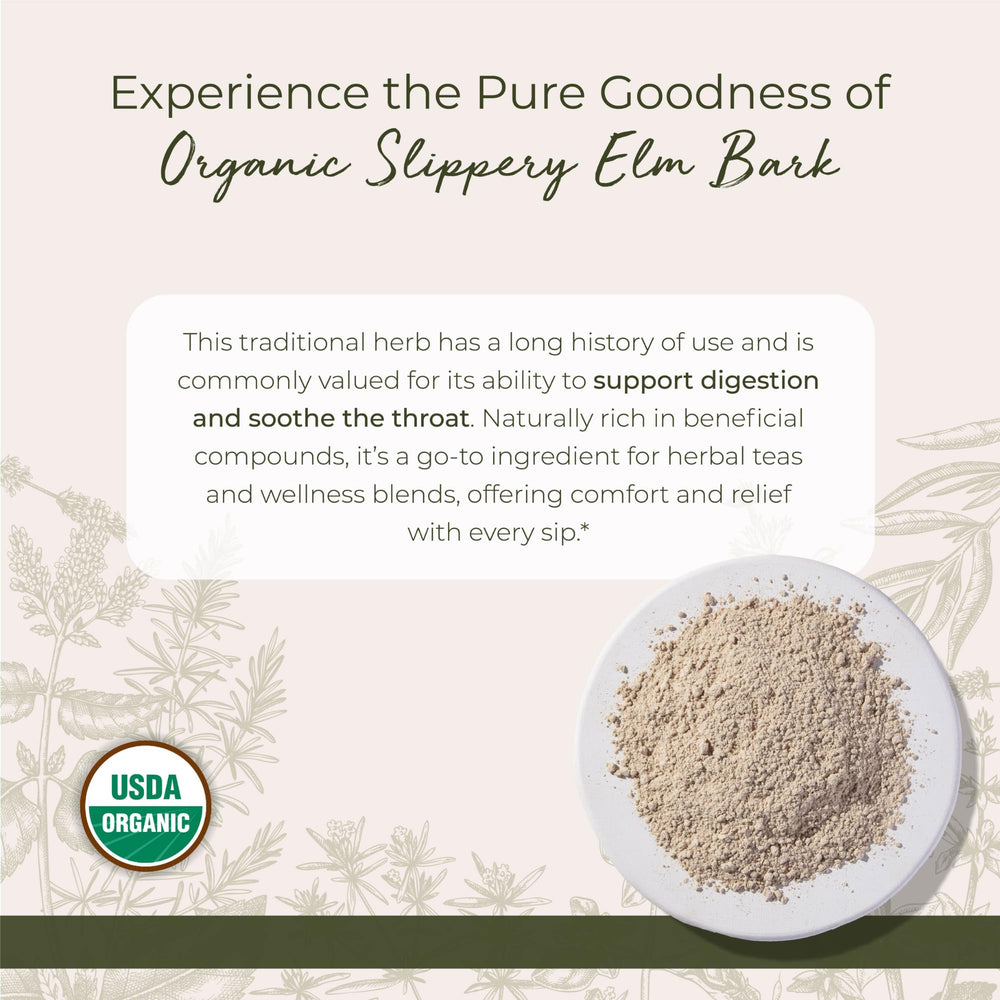 Open bag of slippery elm powder reveals fine texture ideal for teas.