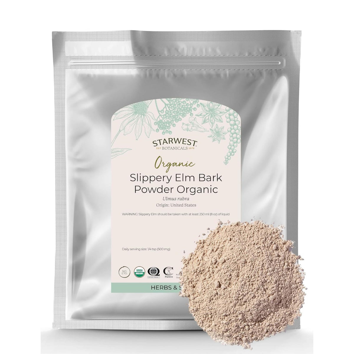 Starwest Botanicals slippery elm powder packaging highlights purity and kosher certification.