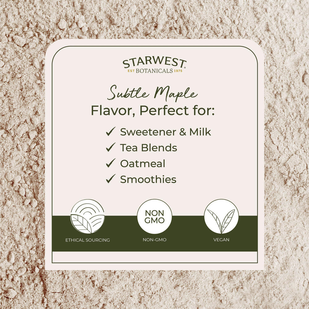 Close-up of slippery elm powder texture suitable for blending with milk and sweeteners.