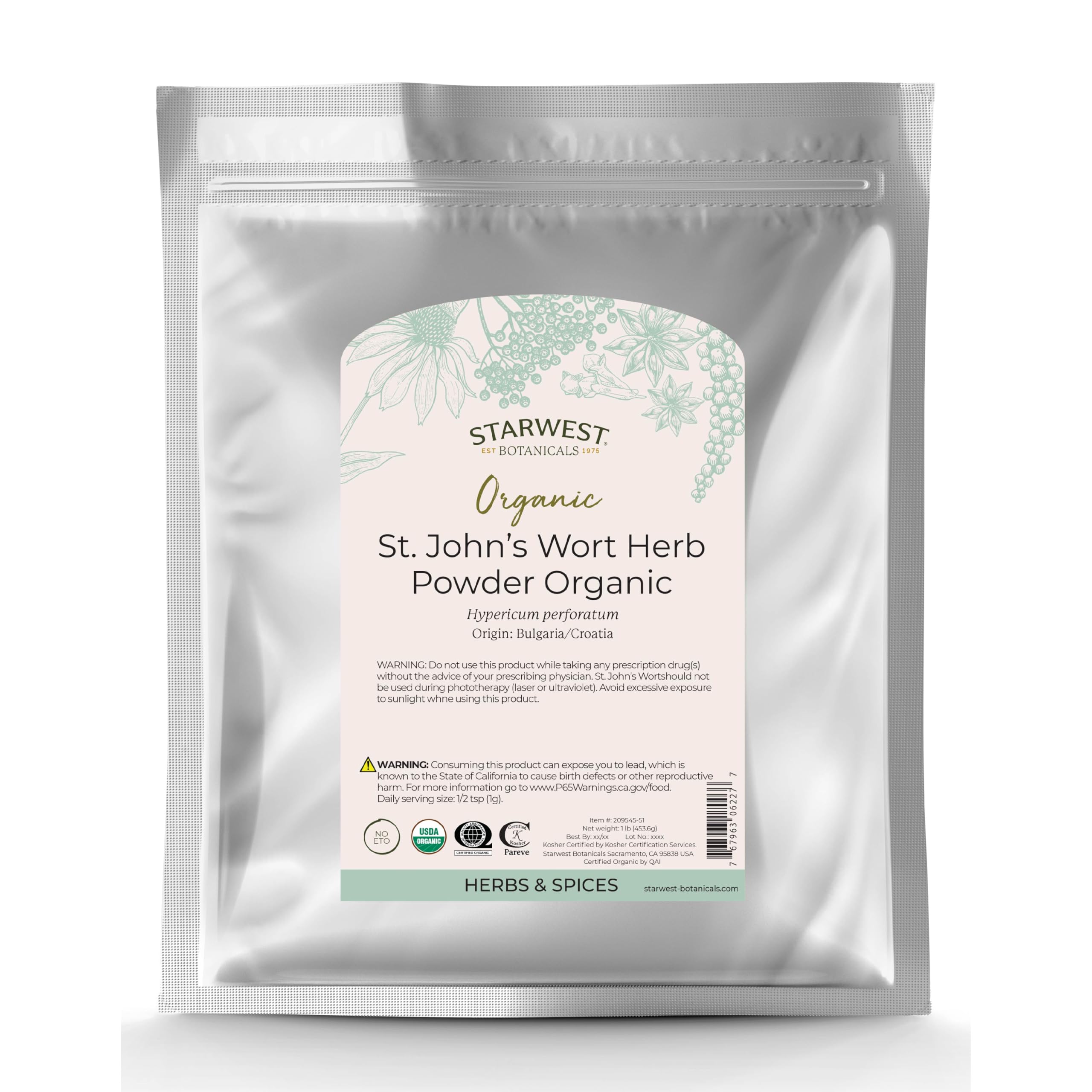 Starwest Botanicals St. John's Wort powder in resealable bag for tea