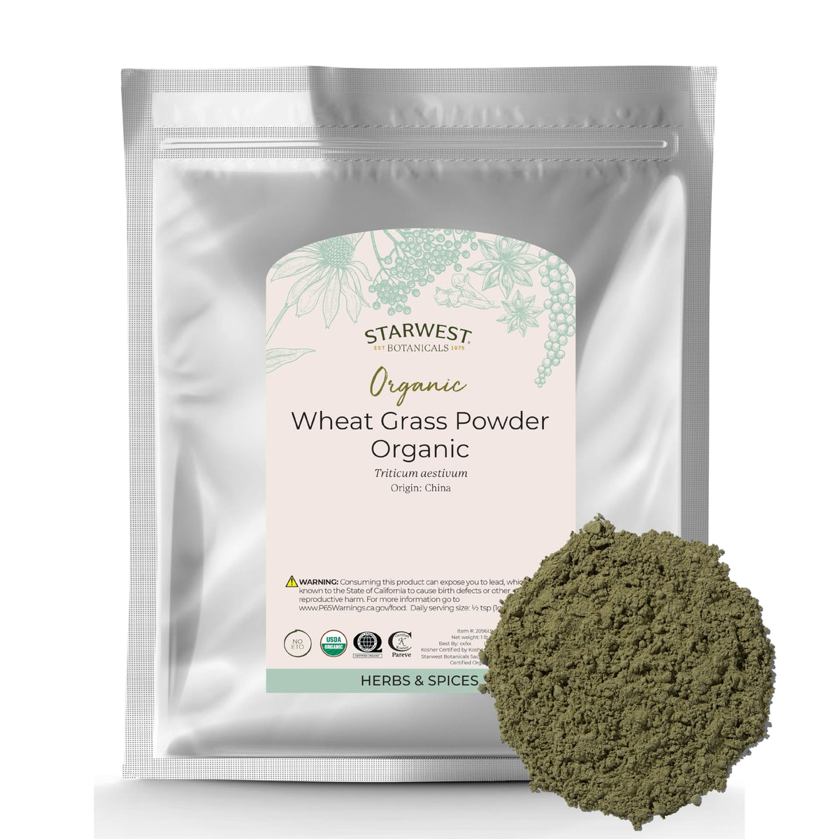 Starwest Botanicals wheatgrass powder bag front showing organic packaging for daily use