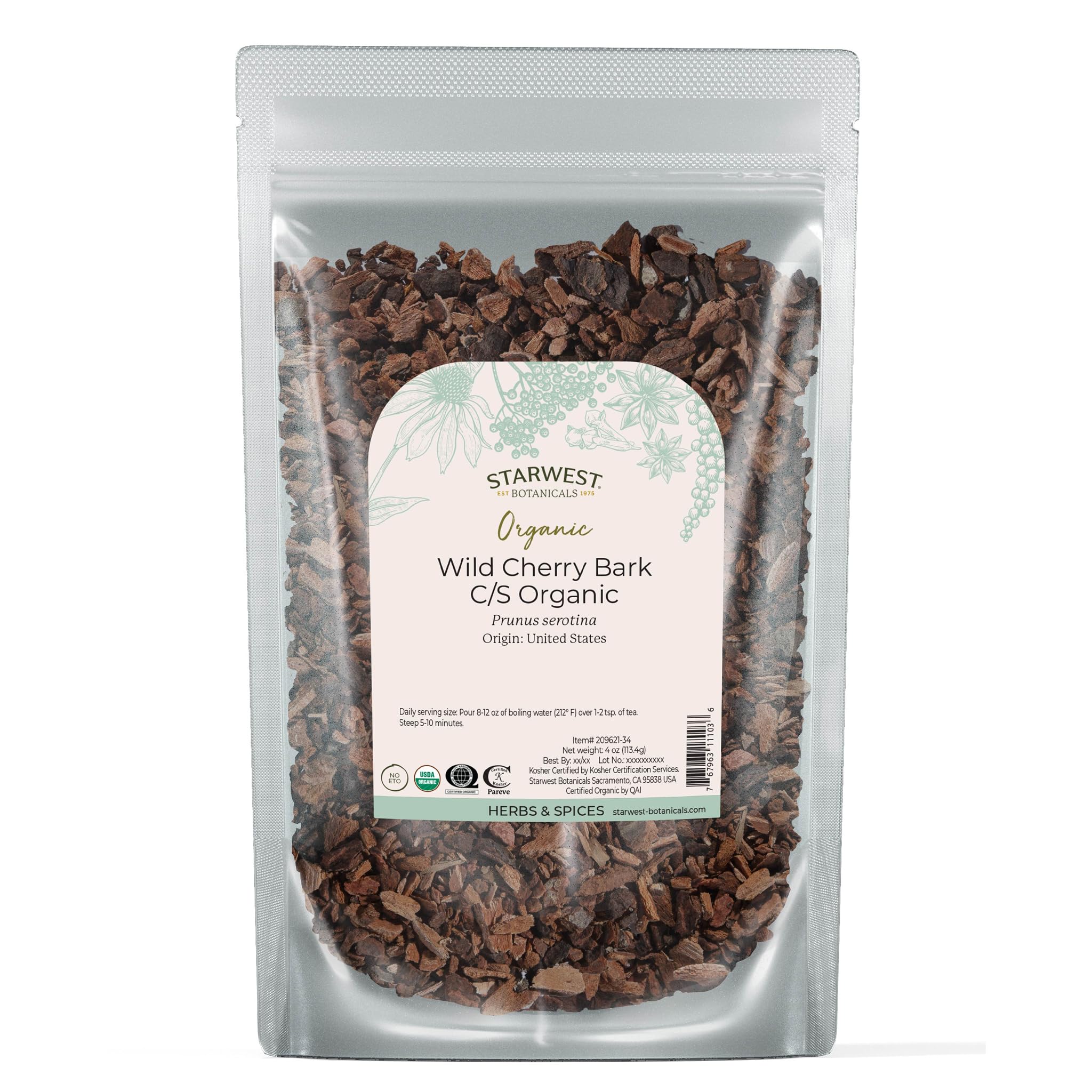 Starwest Botanicals Wild Cherry Bark packaging front for versatile tea blends.