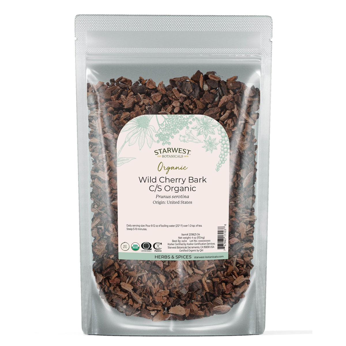 Starwest Botanicals Wild Cherry Bark packaging front for versatile tea blends.