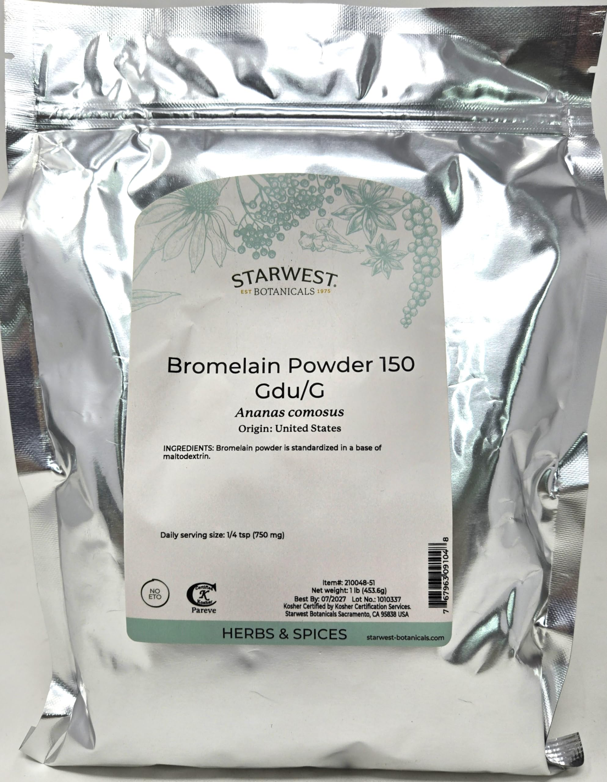 Starwest Botanicals Bromelain powder bottle with label in a kitchen setting.