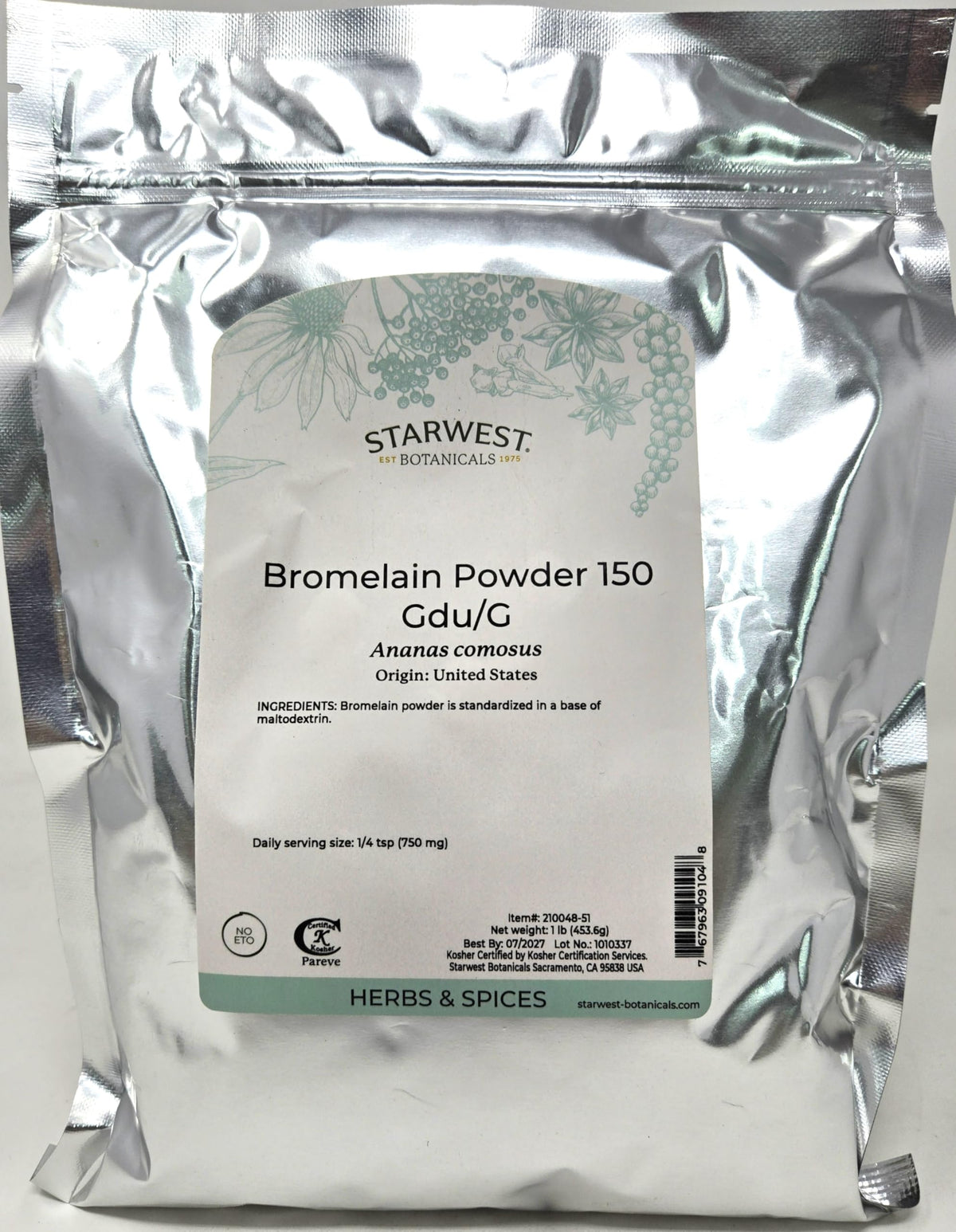 Starwest Botanicals Bromelain powder bottle with label in a kitchen setting.