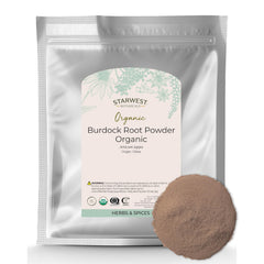 Starwest Burdock Root Powder bag open, ready for tea or cooking.