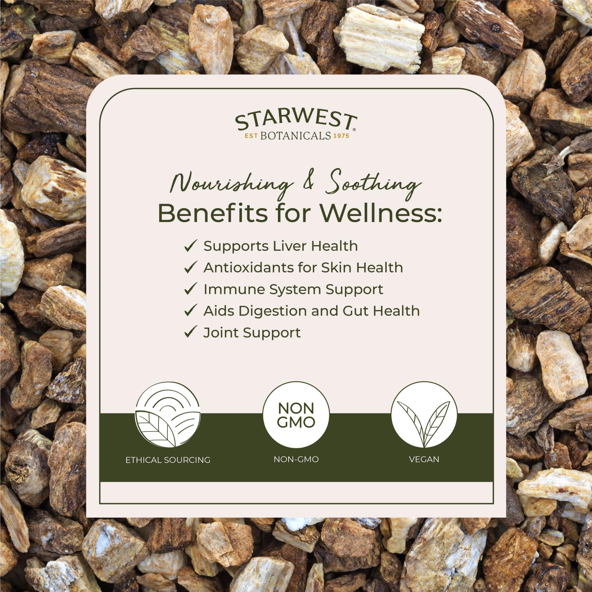 Starwest Botanicals Burdock Root for tea brewing with earthy aroma.