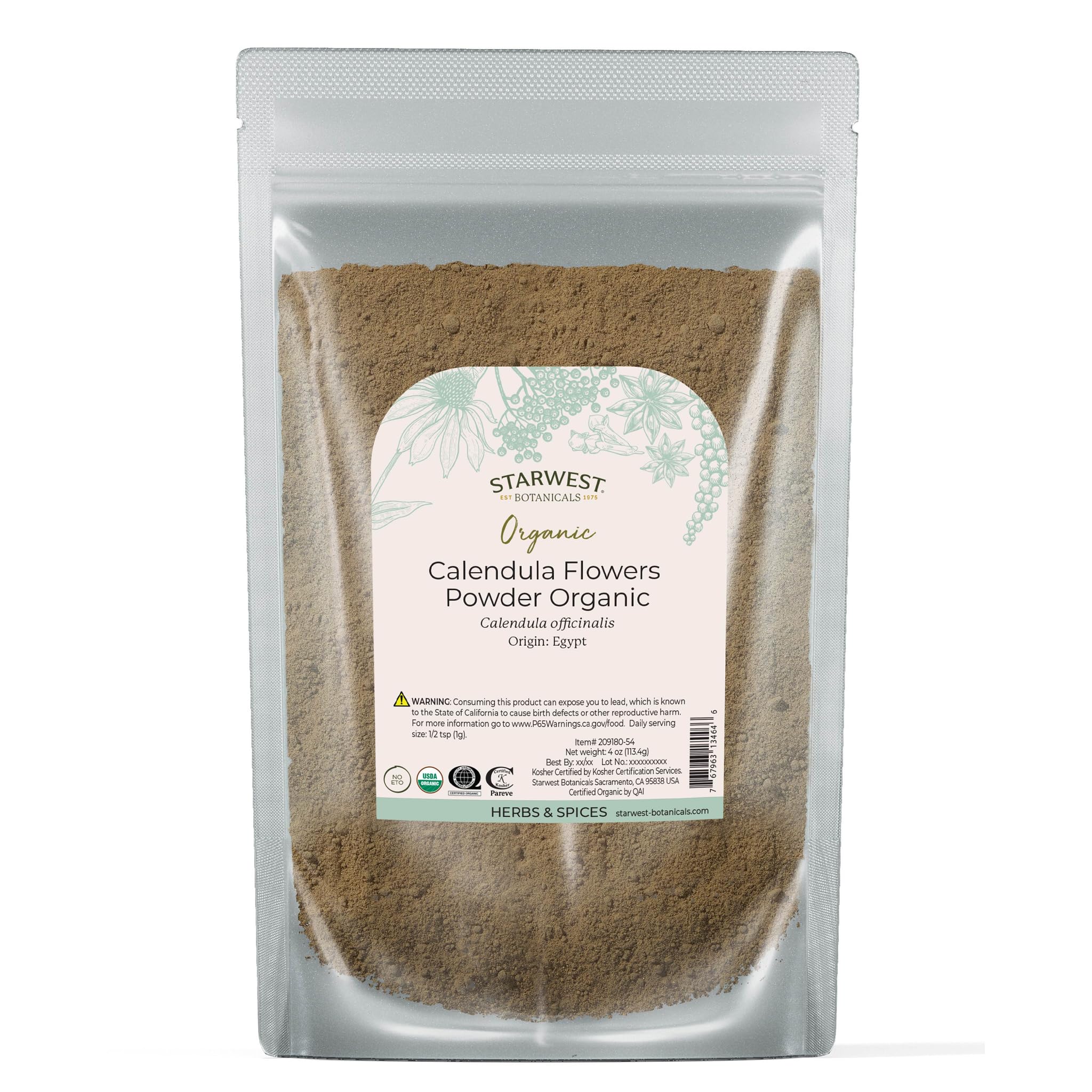 Starwest Calendula flower powder in front pouch, versatile for tea and cooking.