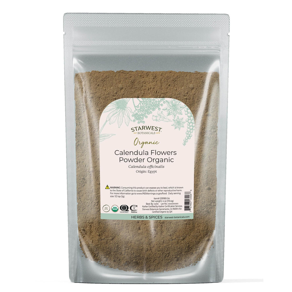 Starwest Calendula flower powder in front pouch, versatile for tea and cooking.