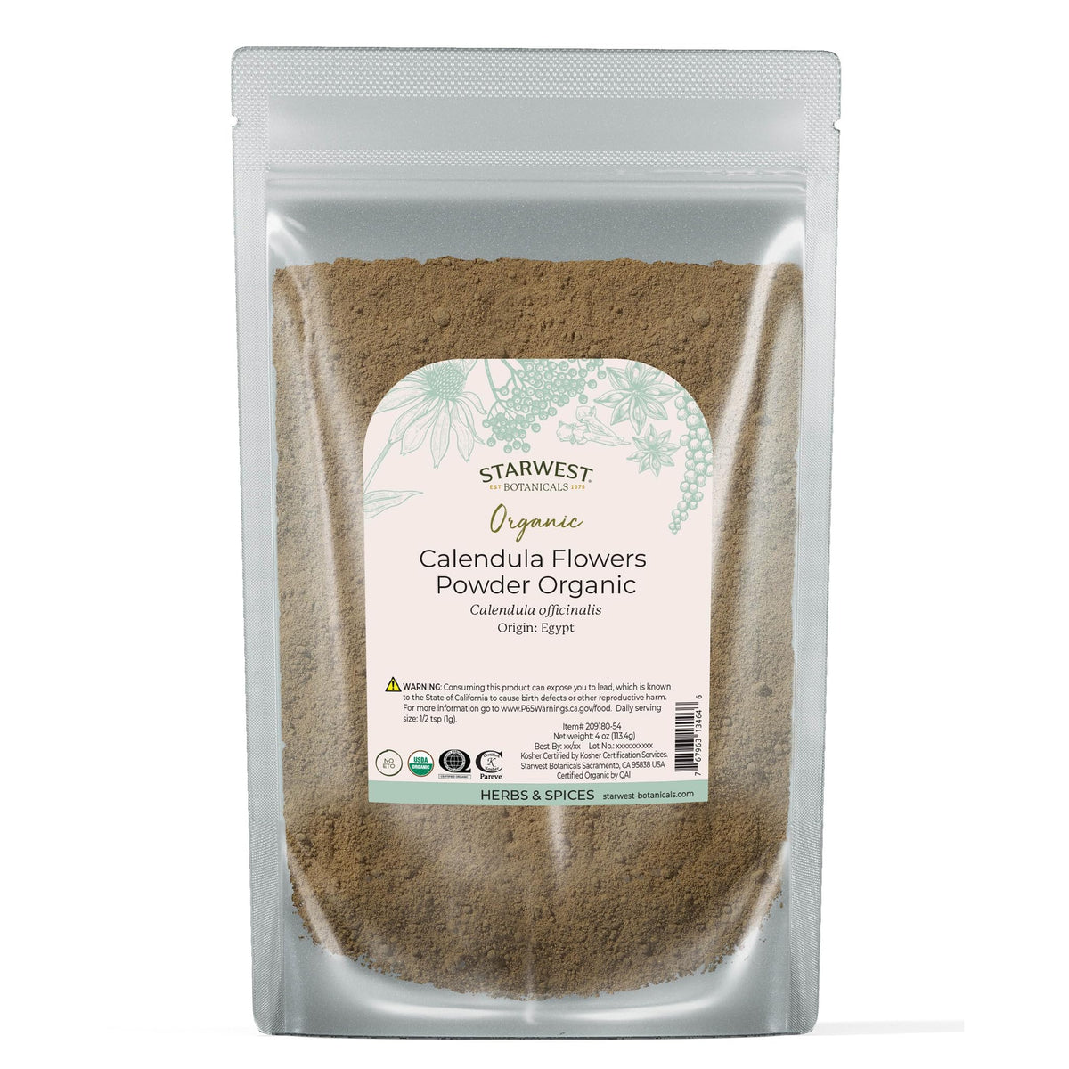 Starwest Calendula flower powder in front pouch, versatile for tea and cooking.