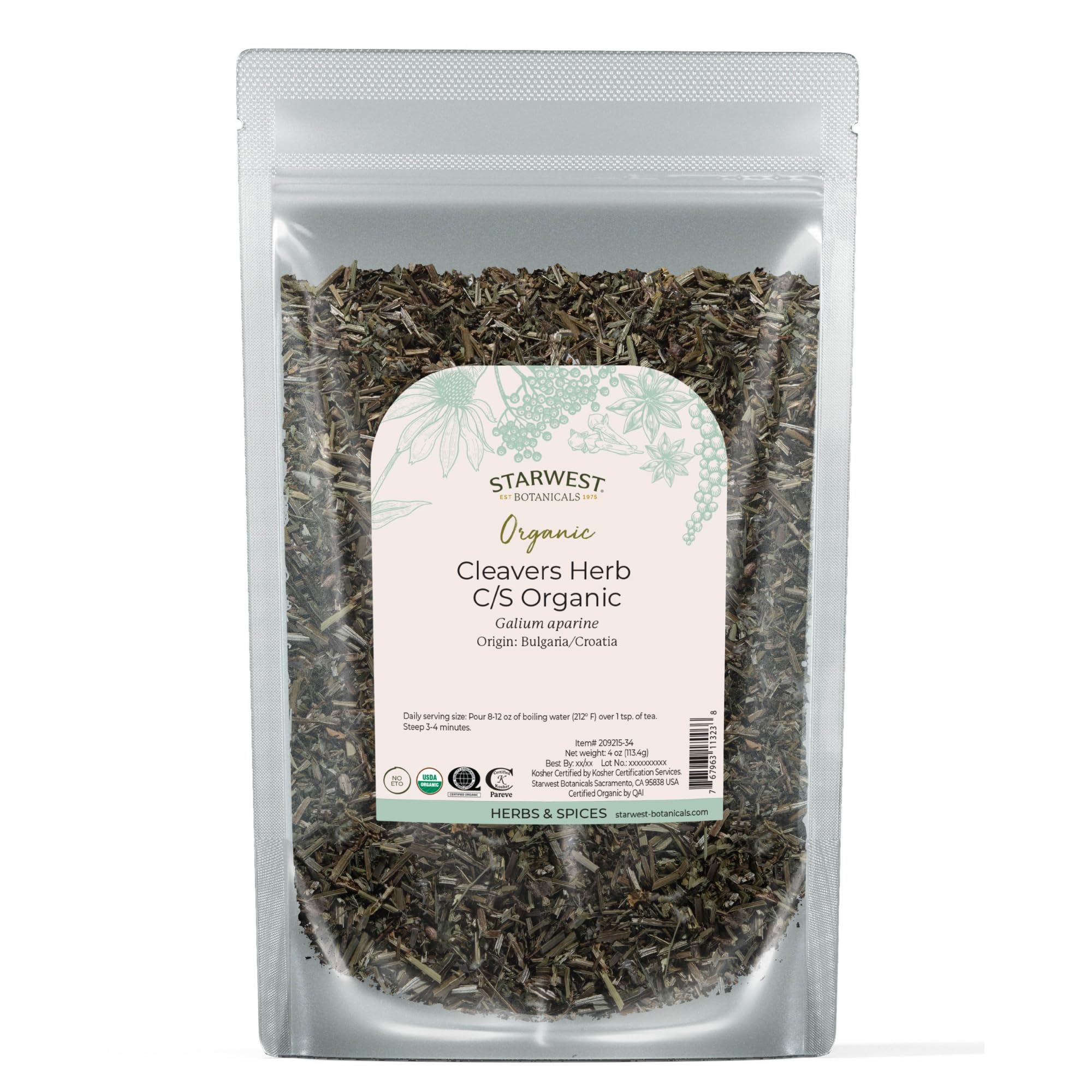 Starwest Cleavers herb cut and sifted 4oz pouch with vibrant greens for fresh tea