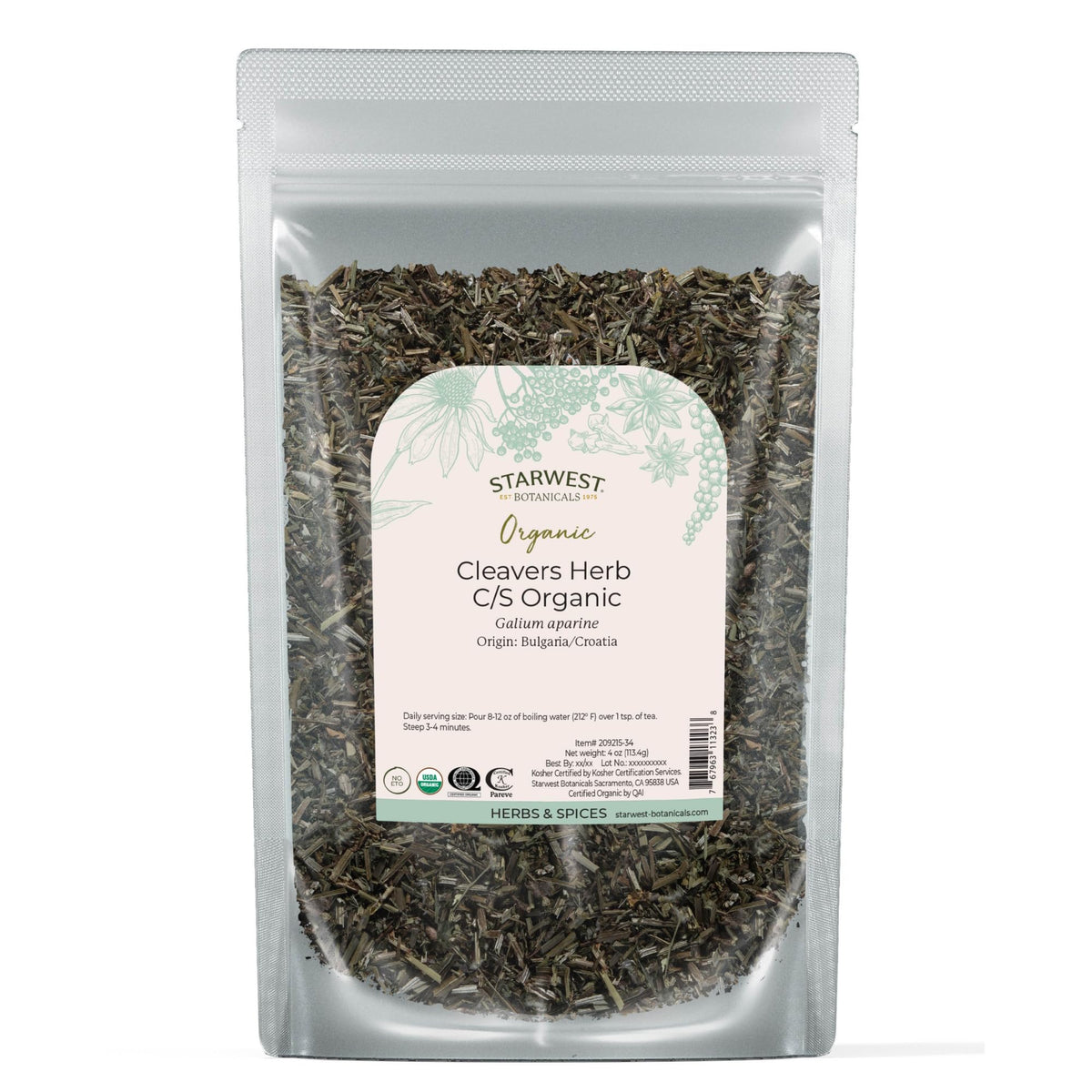 Starwest Cleavers herb cut and sifted 4oz pouch with vibrant greens for fresh tea