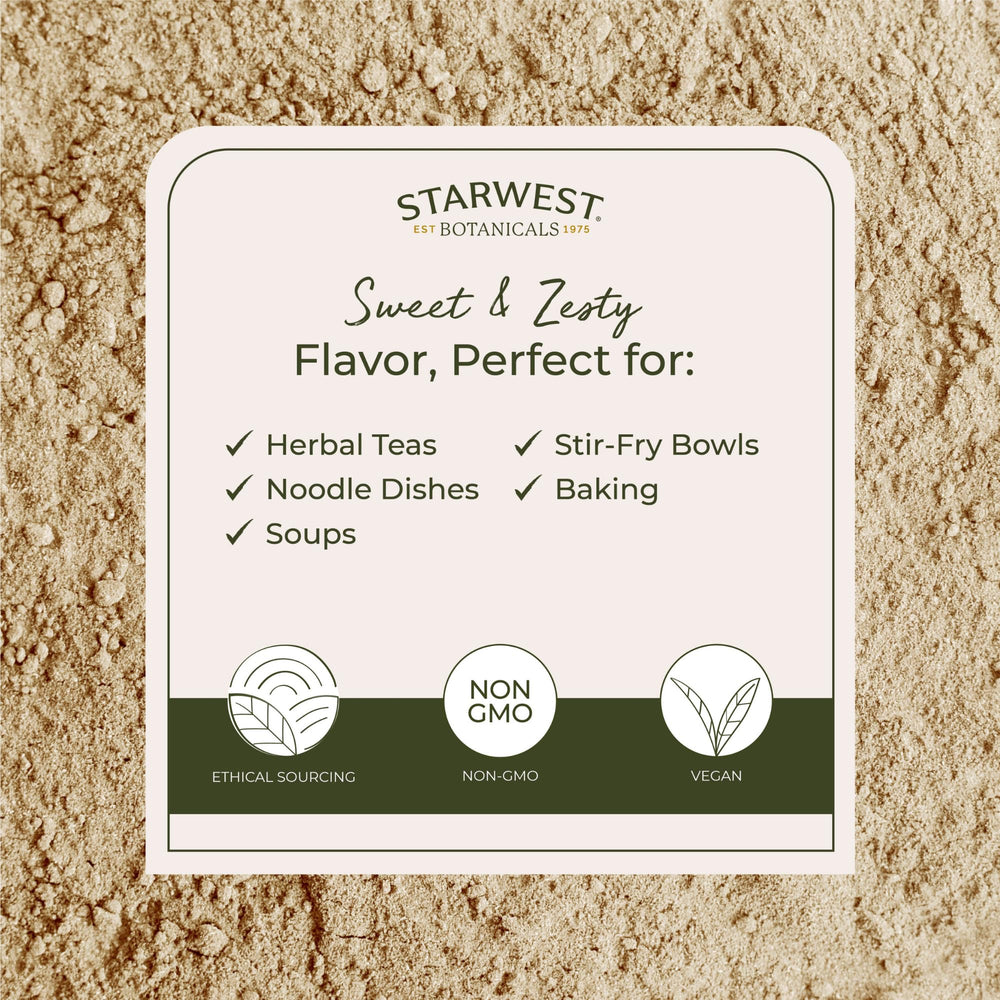 Starwest Botanicals ginger powder closeup for spice drawer and baking