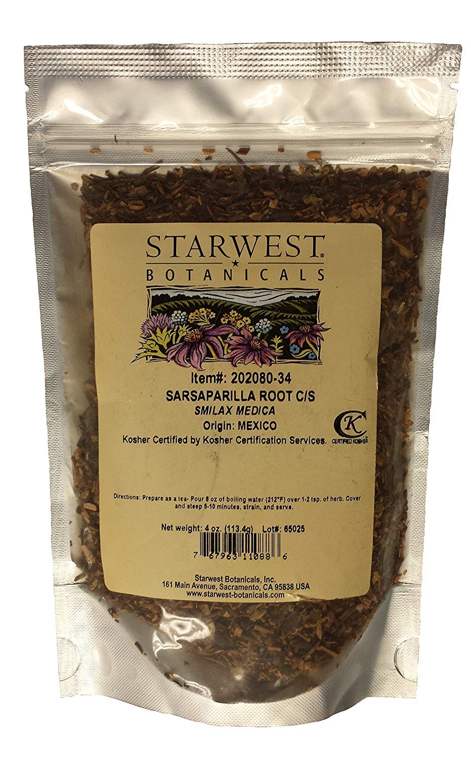 Starwest Botanicals Sarsaparilla root, cut and sifted, wildcrafted in Mexico for flavorful infusions.