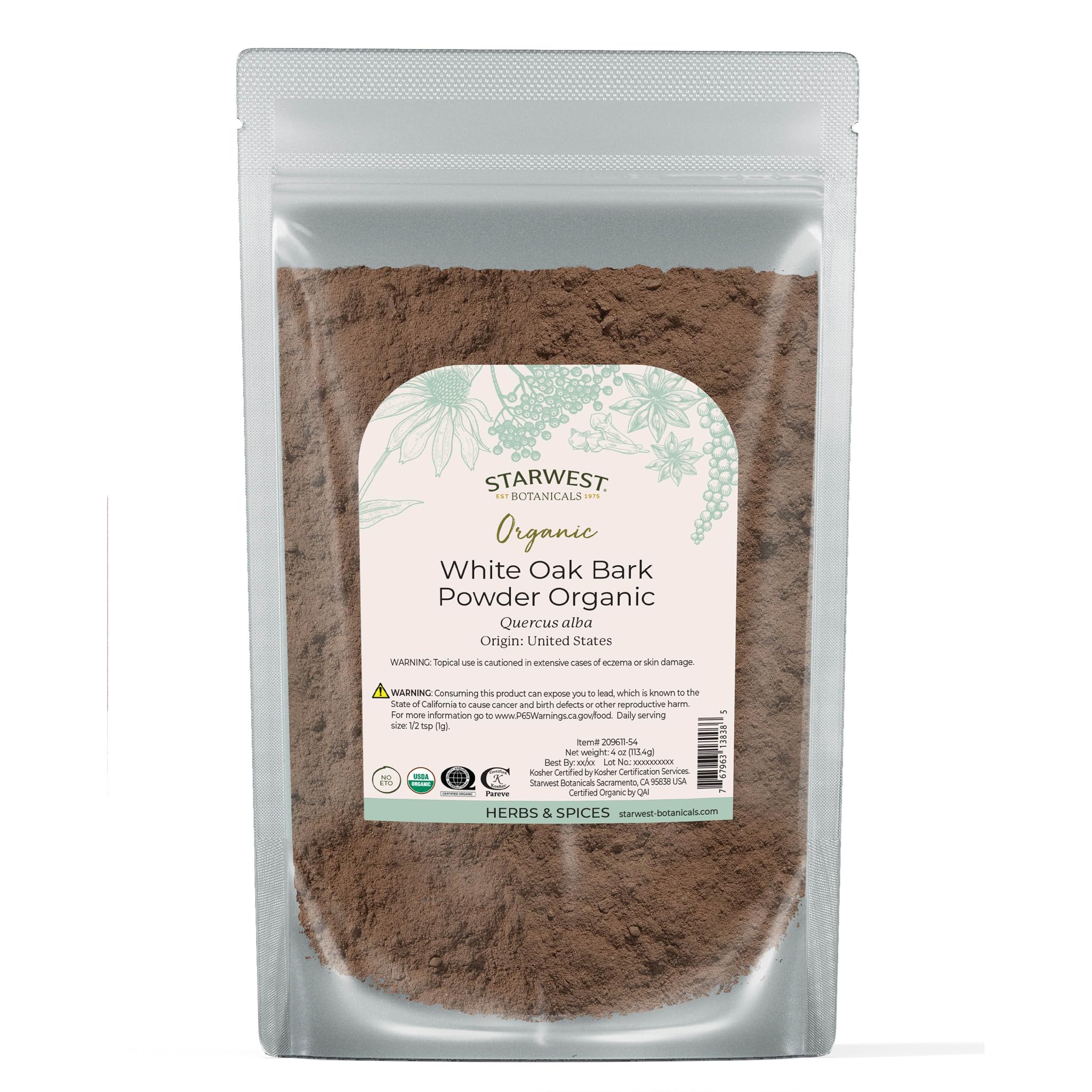 Starwest Botanicals White Oak Bark Powder bag for herbal tea blends.
