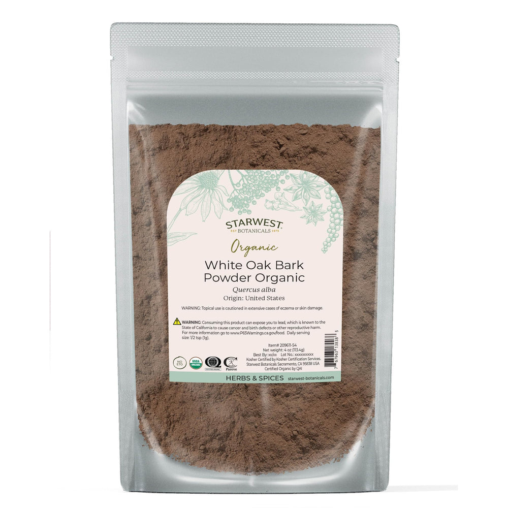 Starwest Botanicals White Oak Bark Powder bag for herbal tea blends.
