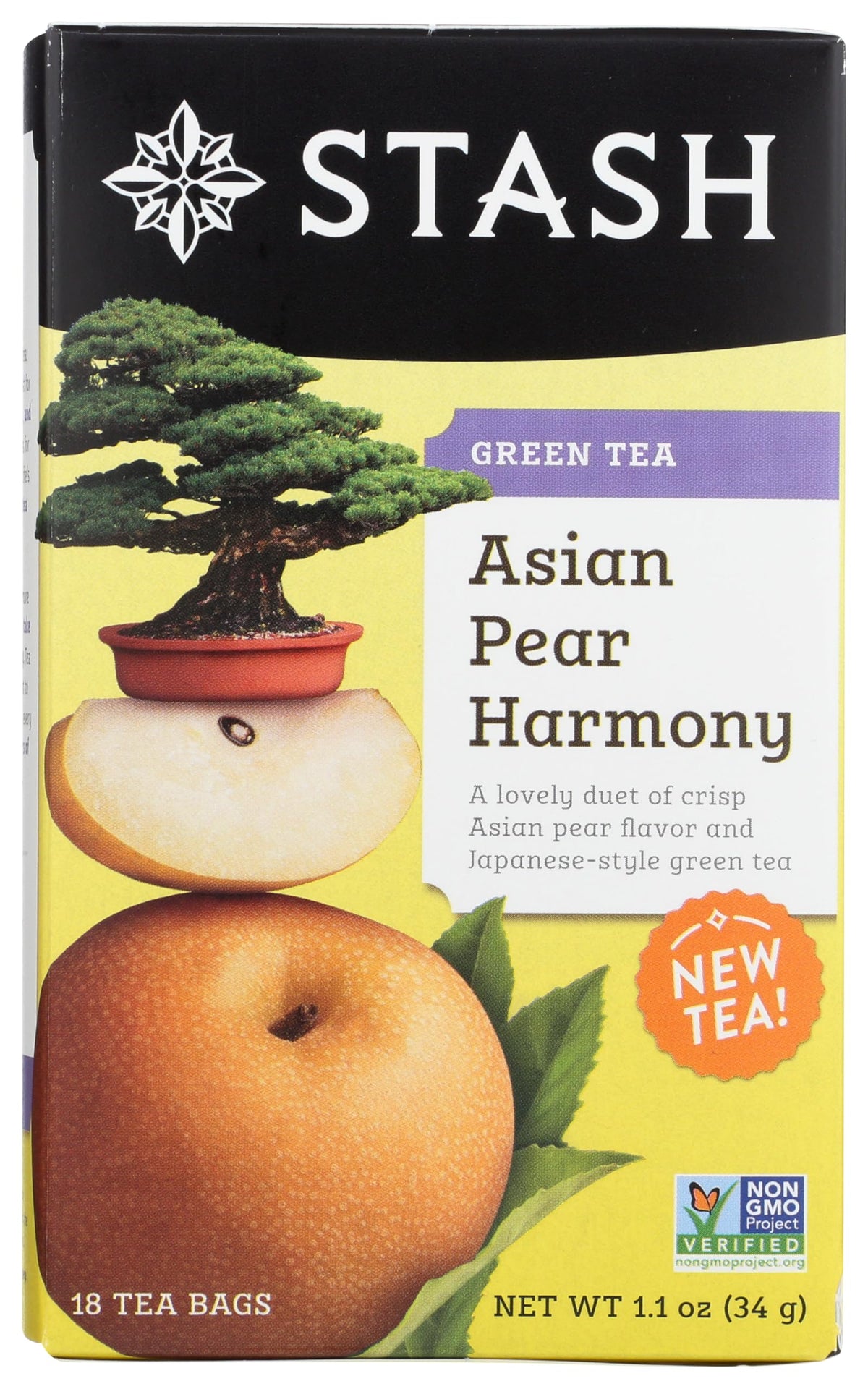 Stash Asian Pear Harmony Green Tea packaging highlights the crisp blend