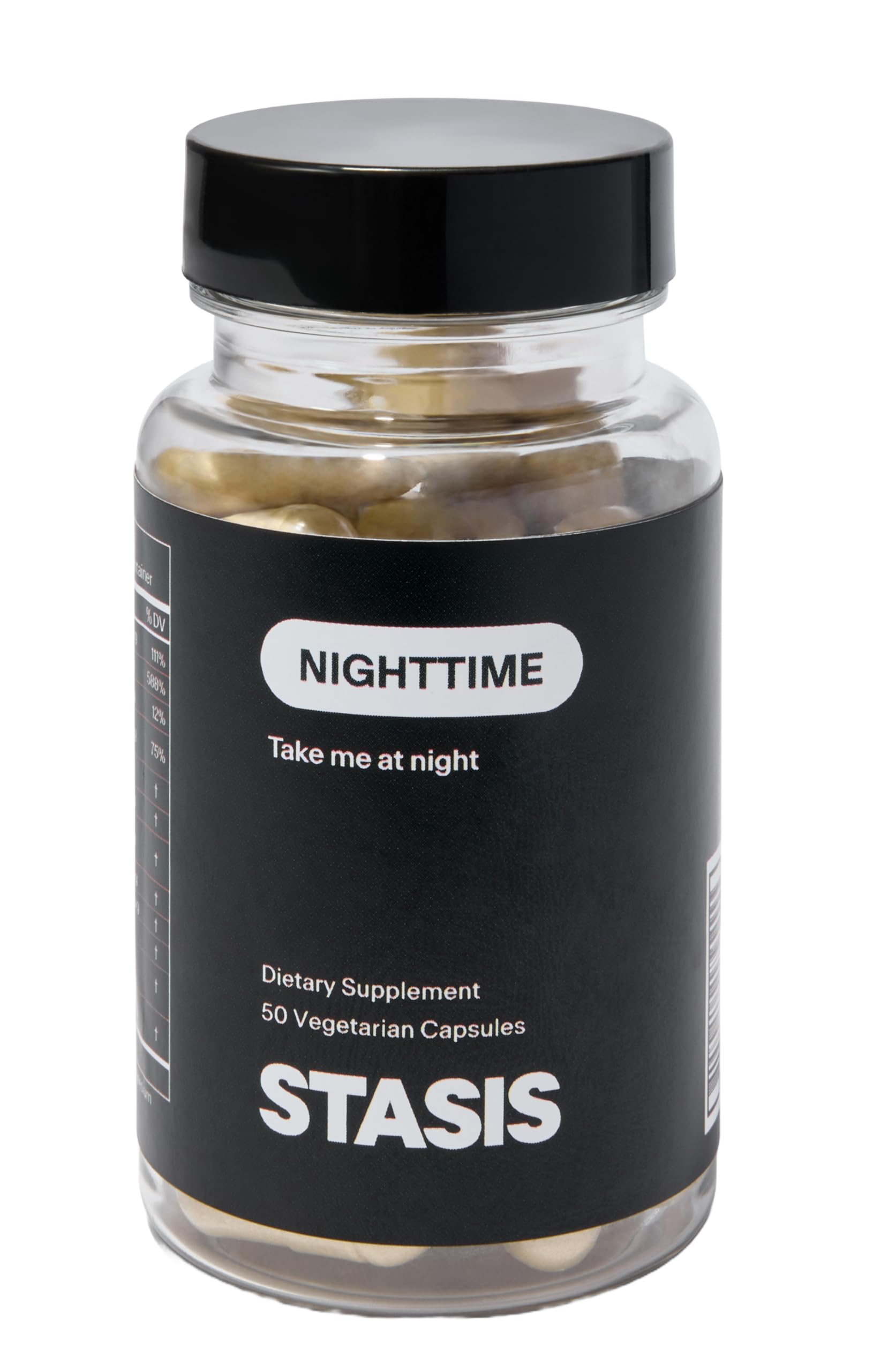 STASIS Nighttime capsules closeup showing calm, ready for bedtime routine