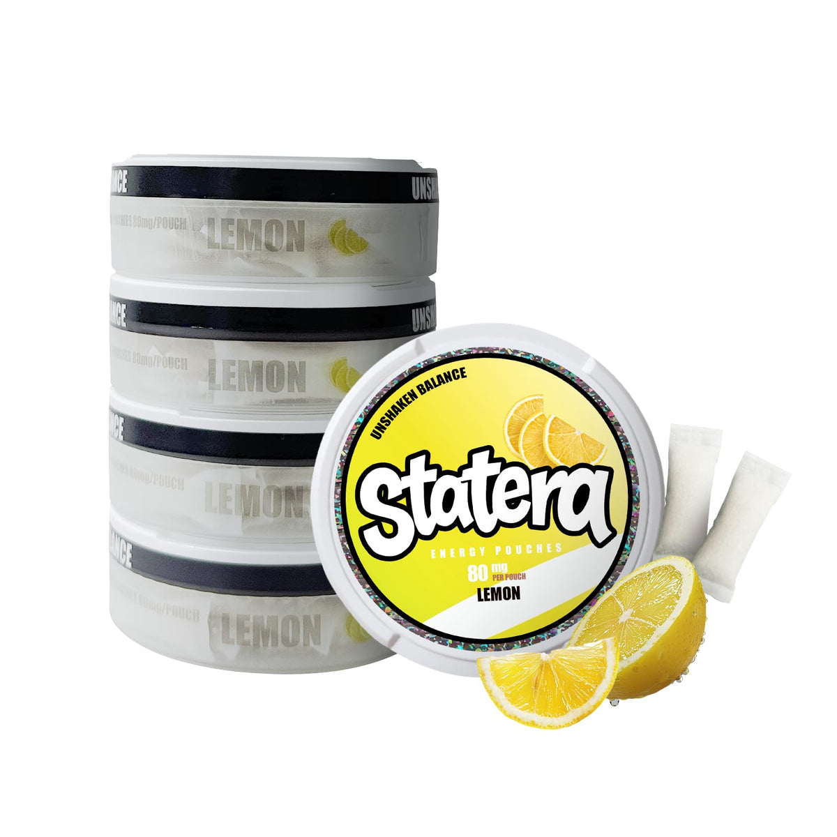 Statera Energy Pouches Lemon can front; bold citrus energy on the go.