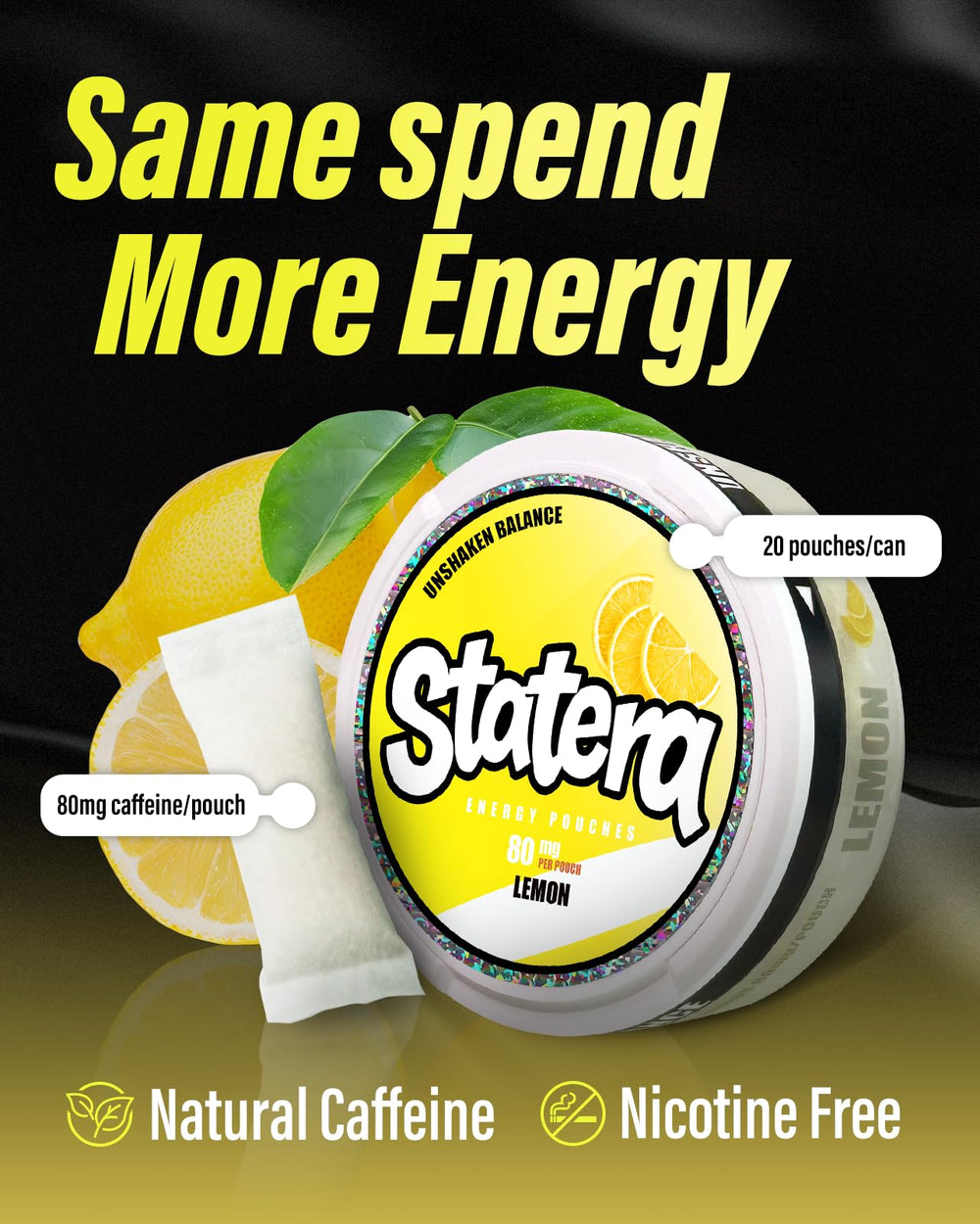Statera Energy Pouches Lemon close-up shows portable caffeine boost.