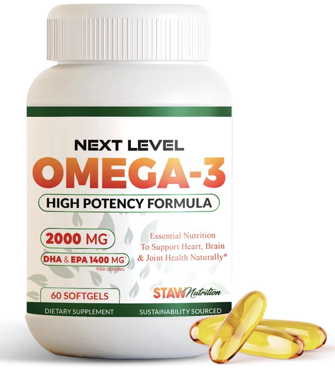 STAW Next Level Omega-3 bottle showing high potency formula for daily heart and brain support.