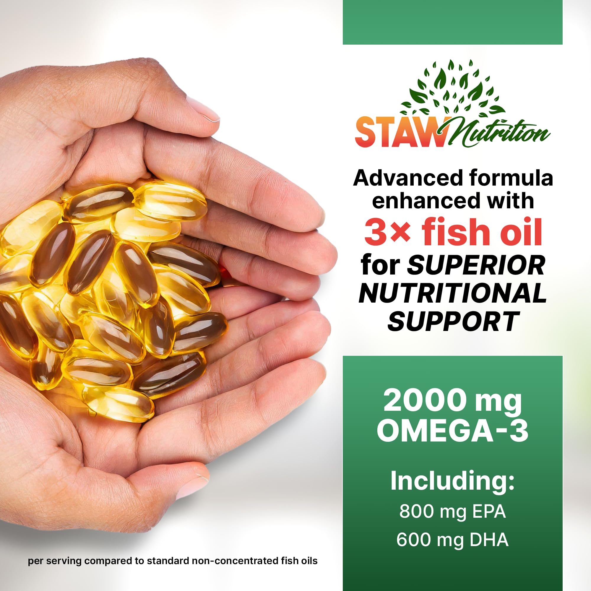 STAW Omega-3 softgels closeup showing easy to swallow form.