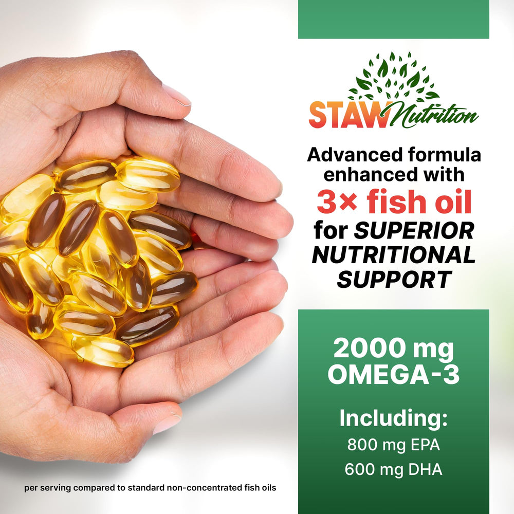 STAW Omega-3 softgels closeup showing easy to swallow form.