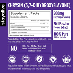 Stay Alive chrysin capsules closeup, easy-to-take daily capsules for a clean routine.