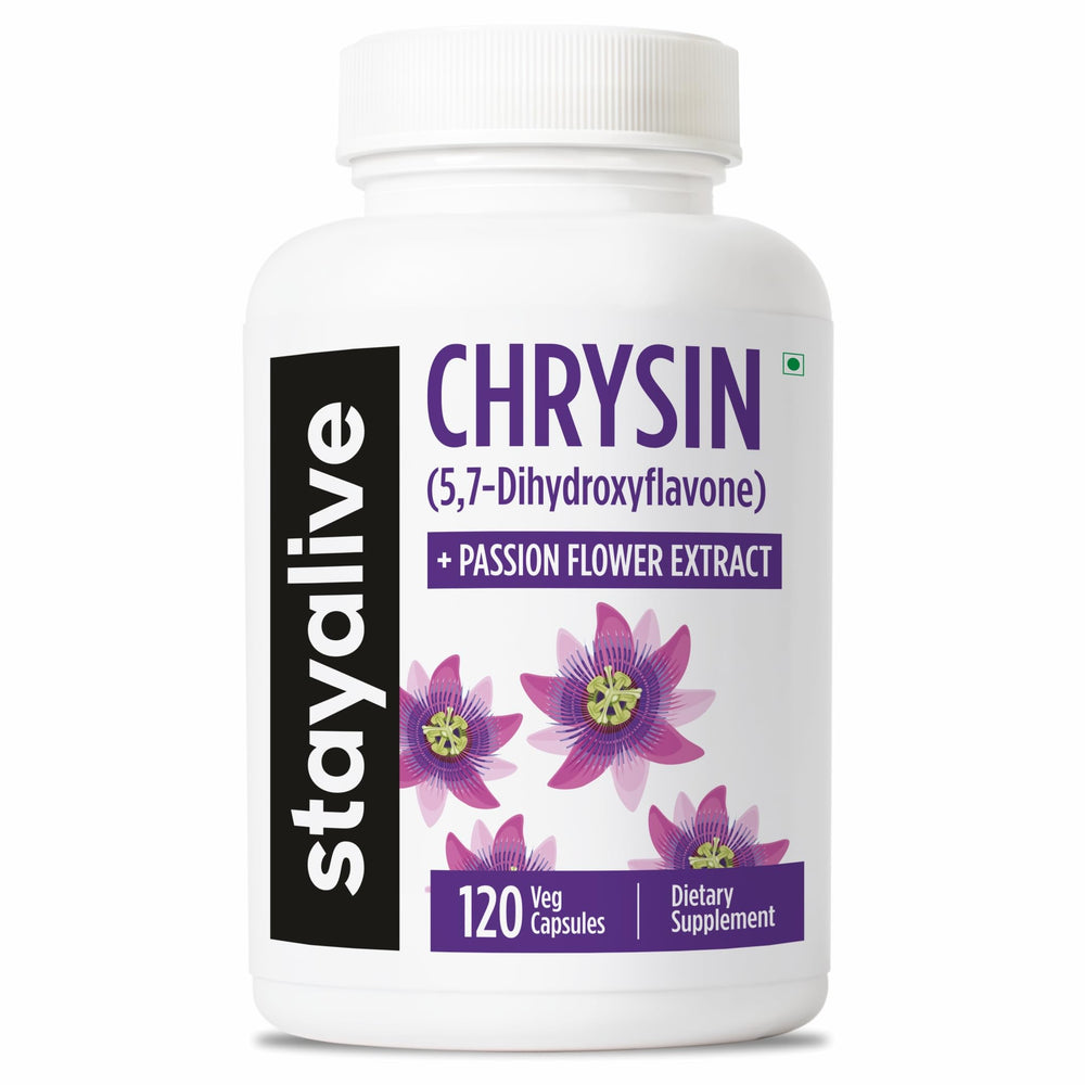 Stay Alive Chrysin supplement 500mg bottle ready for daily routine, supports balance and wellness.