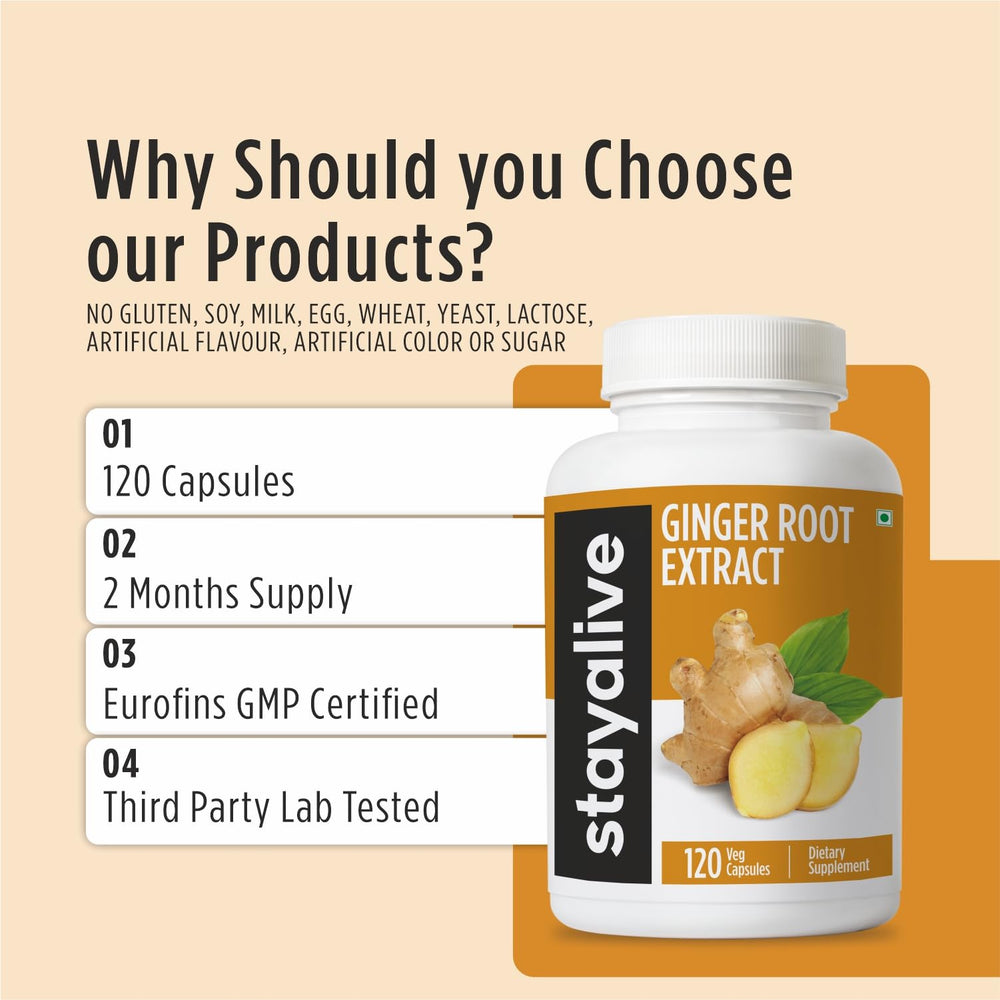 Stay Alive ginger root powder capsules stacked for convenient two-month supply.