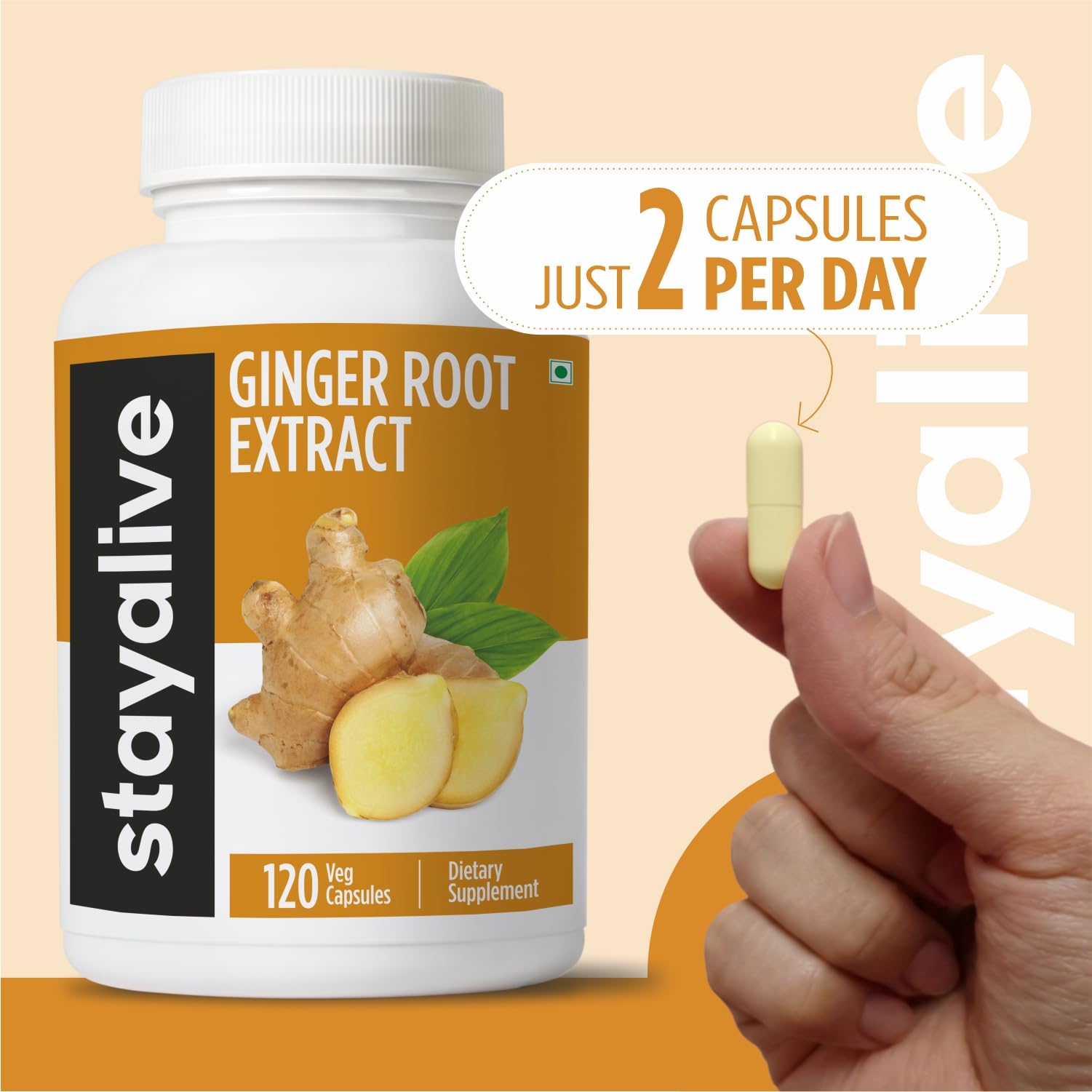Stay Alive packaging and bottle art on a clean white background signals premium ginger.