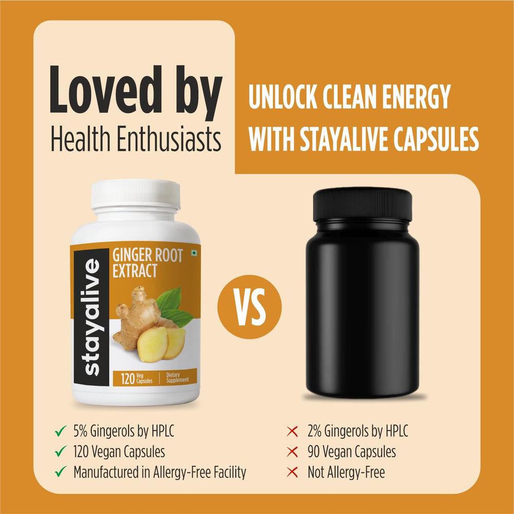 Stay Alive vegan gluten-free ginger capsules packaging emphasizes quality and purity.