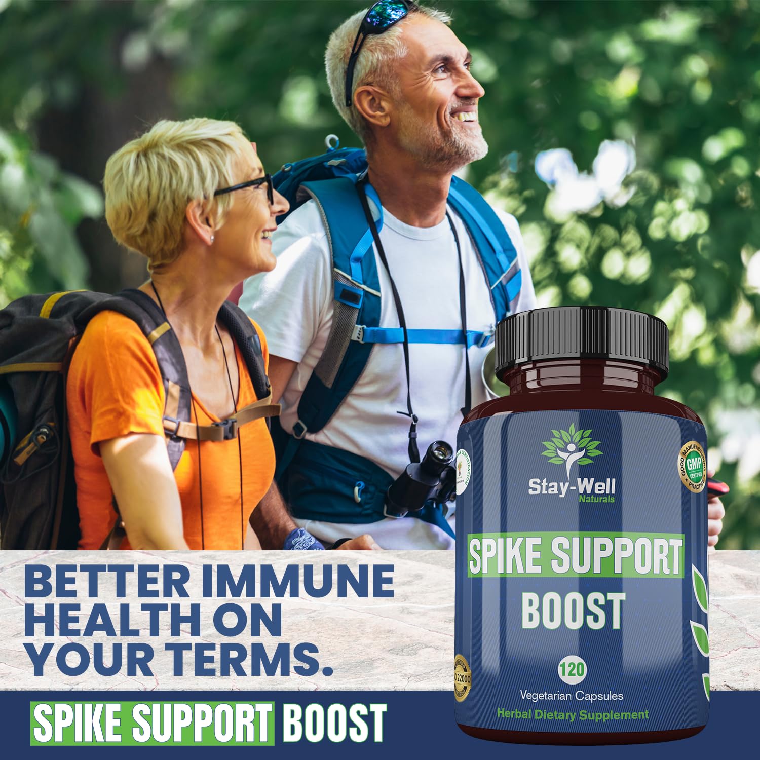 Stay-Well Naturals Spike Support benefits graphic illustrates immune and cellular support