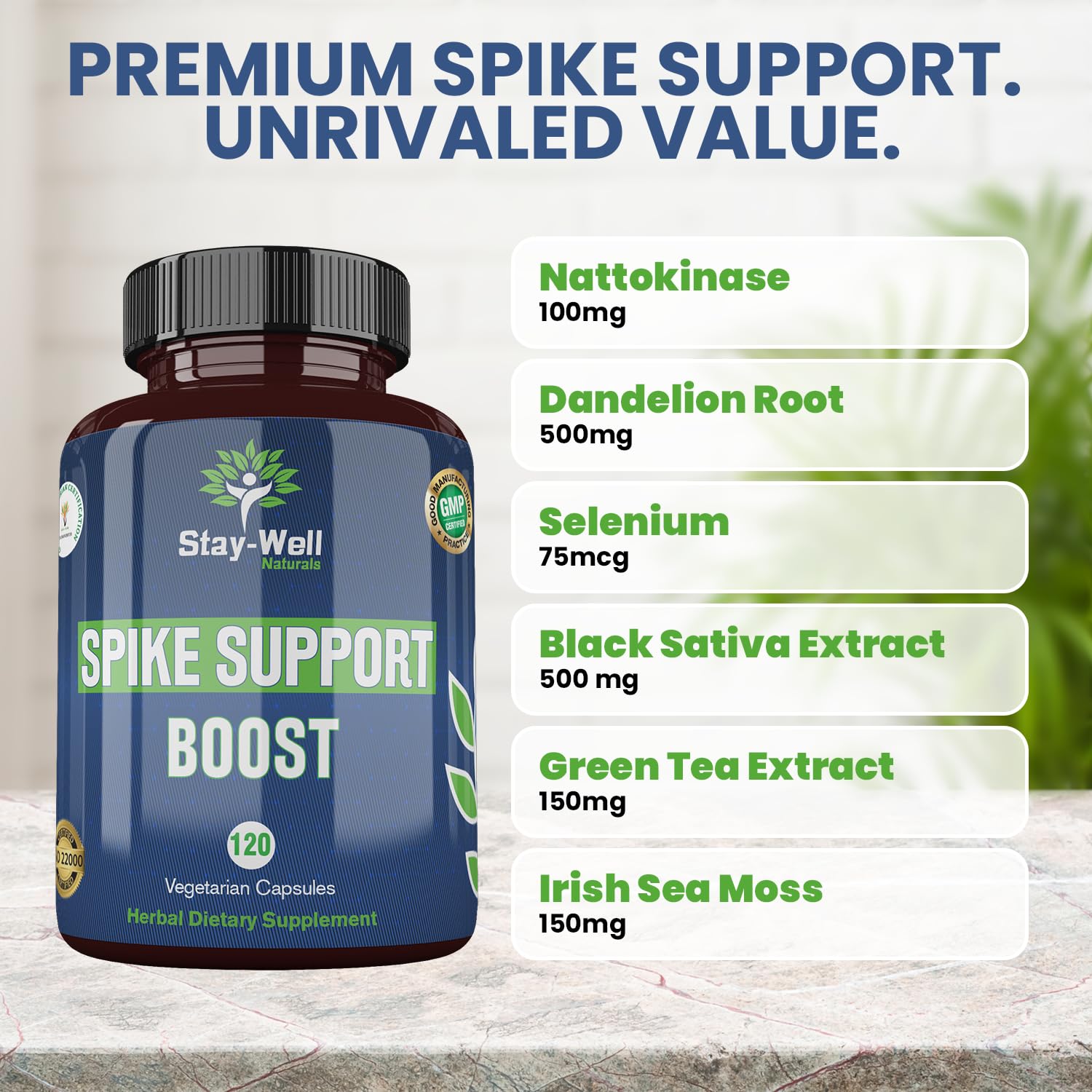 Stay-Well Naturals Spike Support packaging unboxing highlights natural, GMP-certified quality