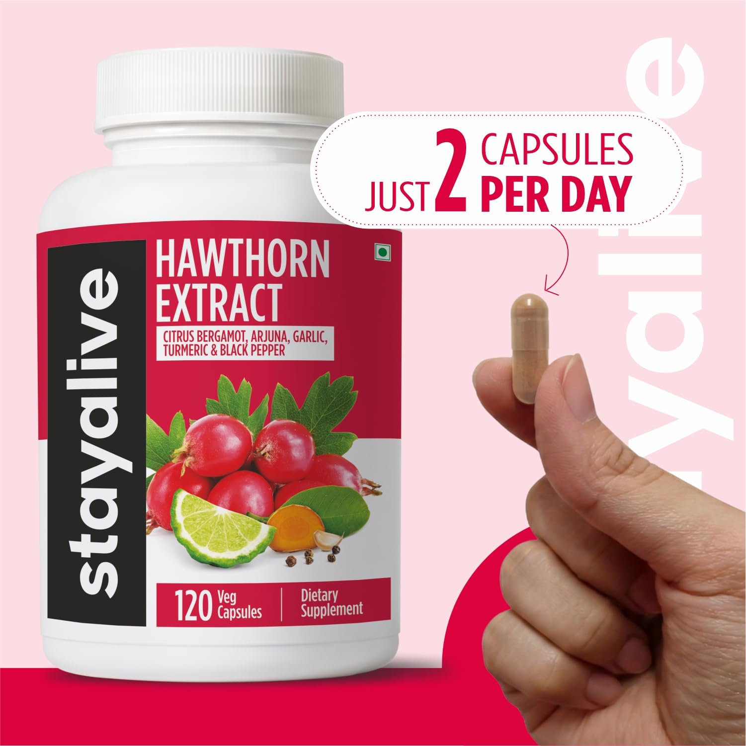 Stay Alive hawthorn product packaging shown for online purchase.