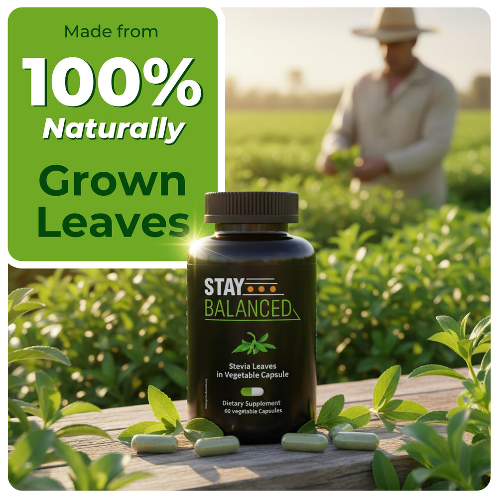StayBalanced bottle with label emphasizing additive-free, whole-leaf capsules.