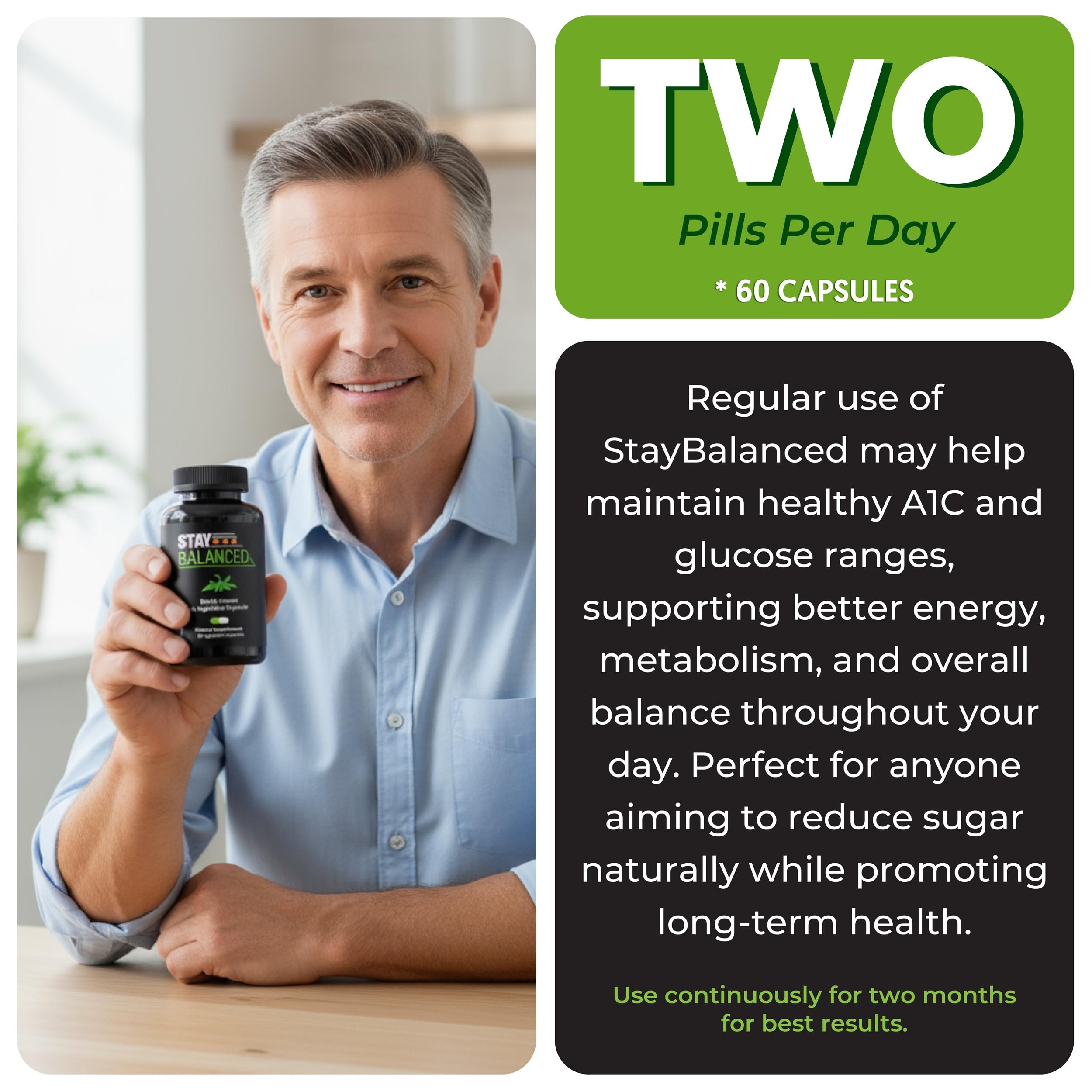 StayBalanced two capsules daily dosage illustration for 60 days.