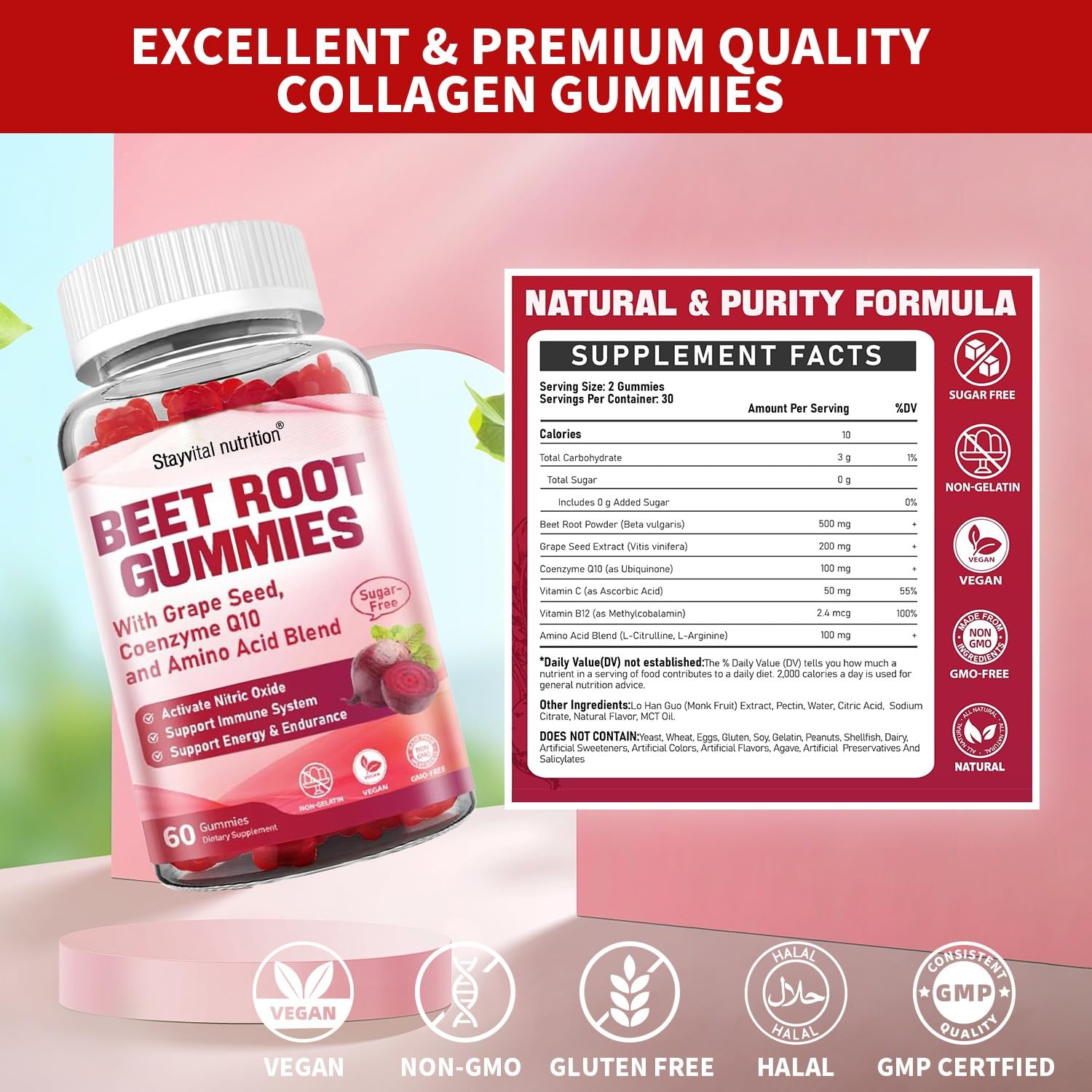 Stayvital Nutrition Beet Root Gummies bottle highlights CoQ10 for natural energy without caffeine.